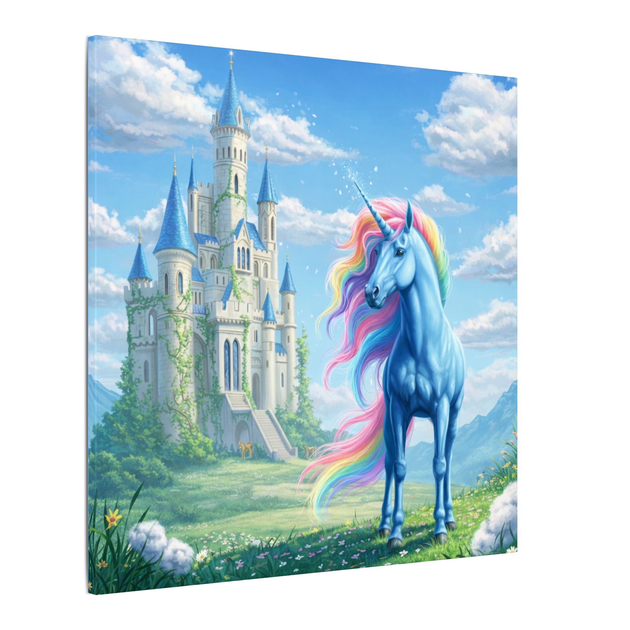 Magical Unicorn Castle Canvas Wall Art | Girls Unicorn Bedroom Decor | Fantasy Princess Room Wall Art  | 16x16 or 24x24