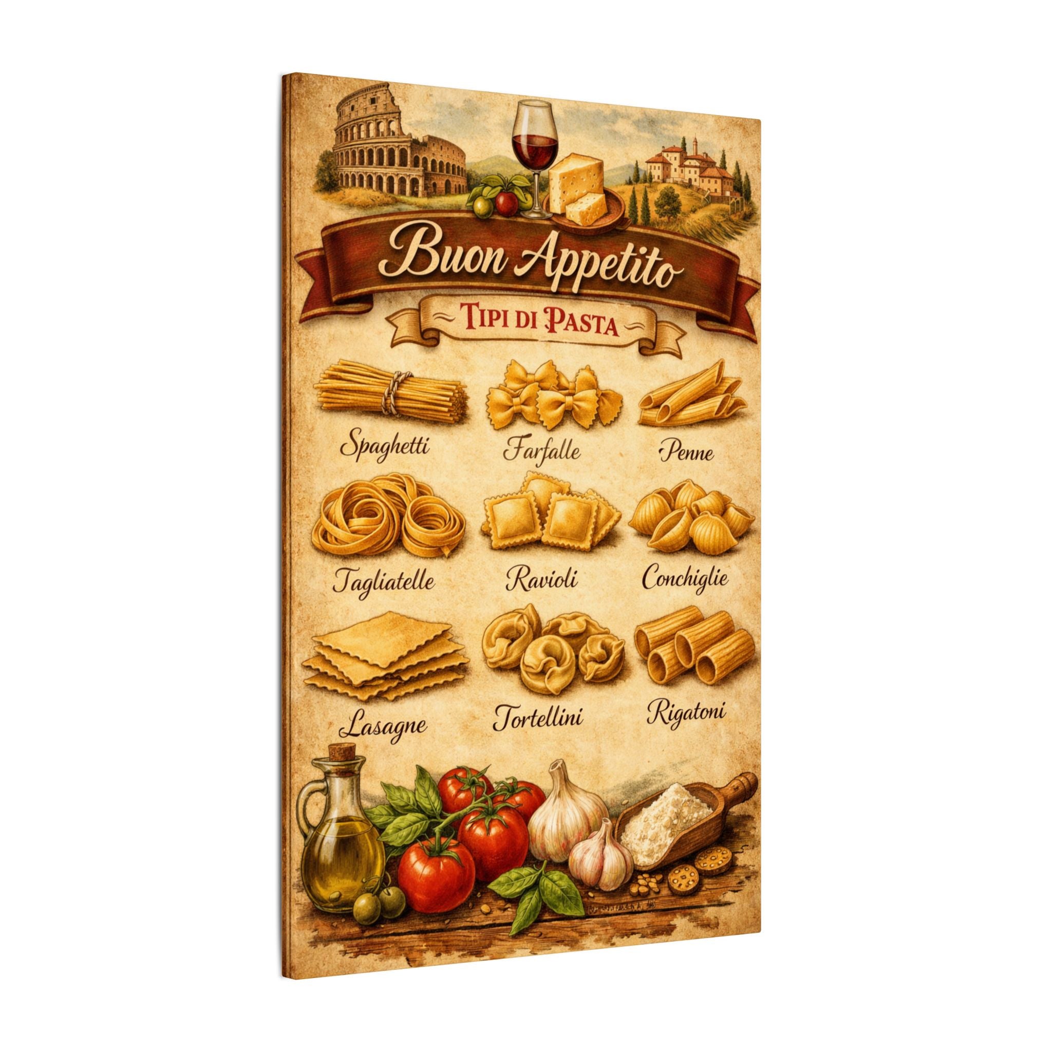 Buon Appetito Italian Pasta Chart Canvas | Italian Kitchen Decor | Pasta Types Poster | Rustic Tuscan Cooking Wall Art | 16 x 24