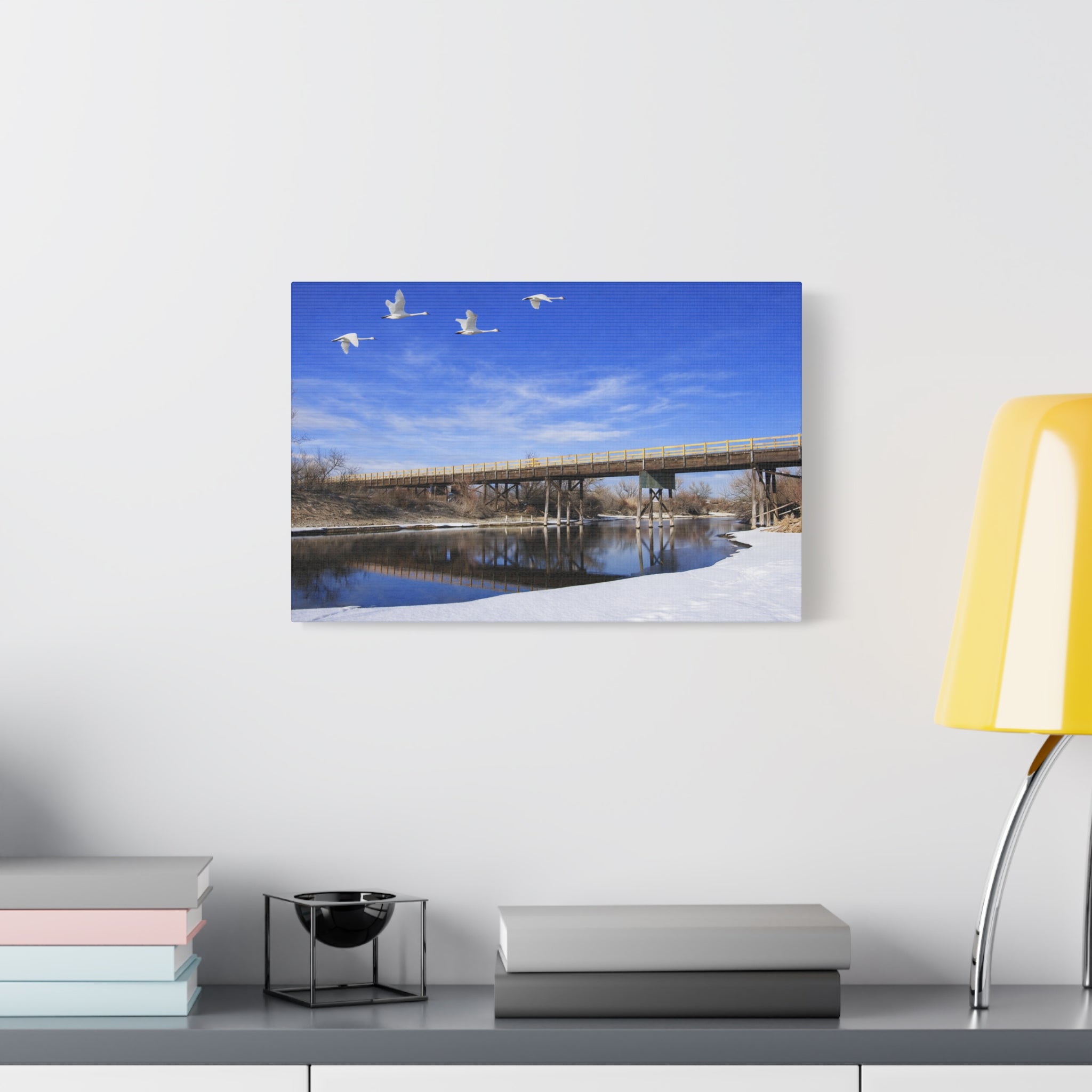 Jackson Bridge Matte Canvas, Stretched 1.25" - Scenic River & White Swans Wall Art - Customizable Nature Landscape Decor - 6 sizes