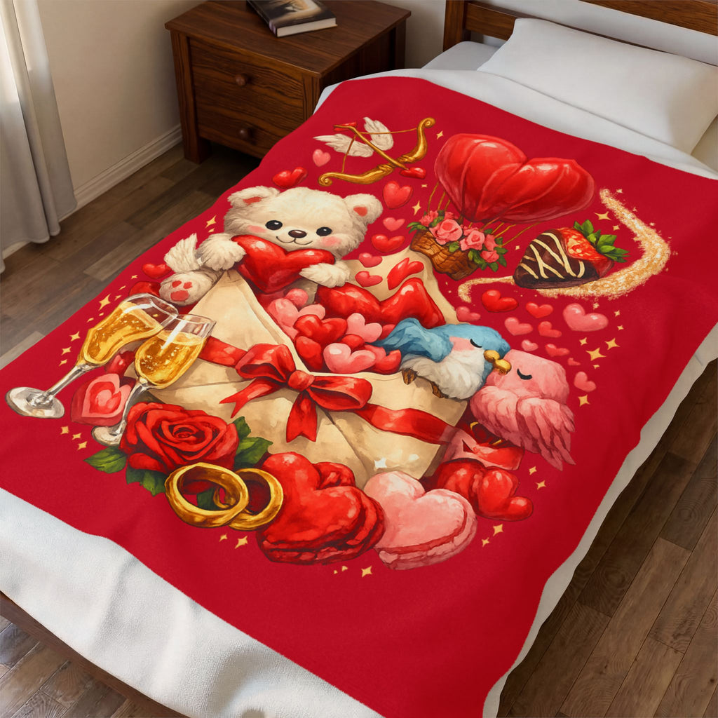 Valentine Love Blanket Throw | Teddy Bear, Hearts, Roses & Champagne Cozy Velveteen Blanket Gift | 50" x 60"