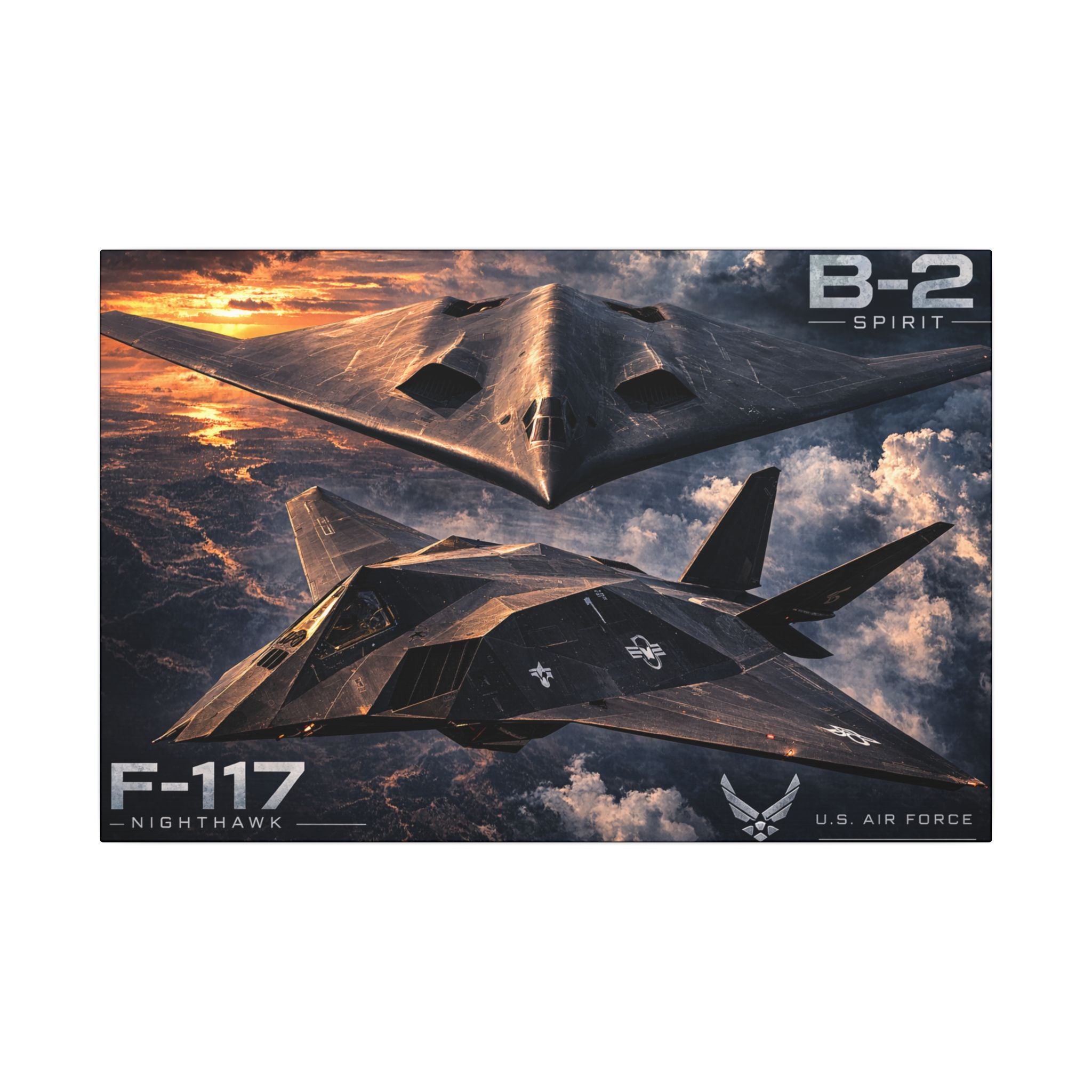 F-117 Nighthawk & B-2 Spirit Stealth Bomber Canvas | Fighter Jet Wall Art | Military Aviation Decor | Air Force Aircraft Canvas | 24 x 16