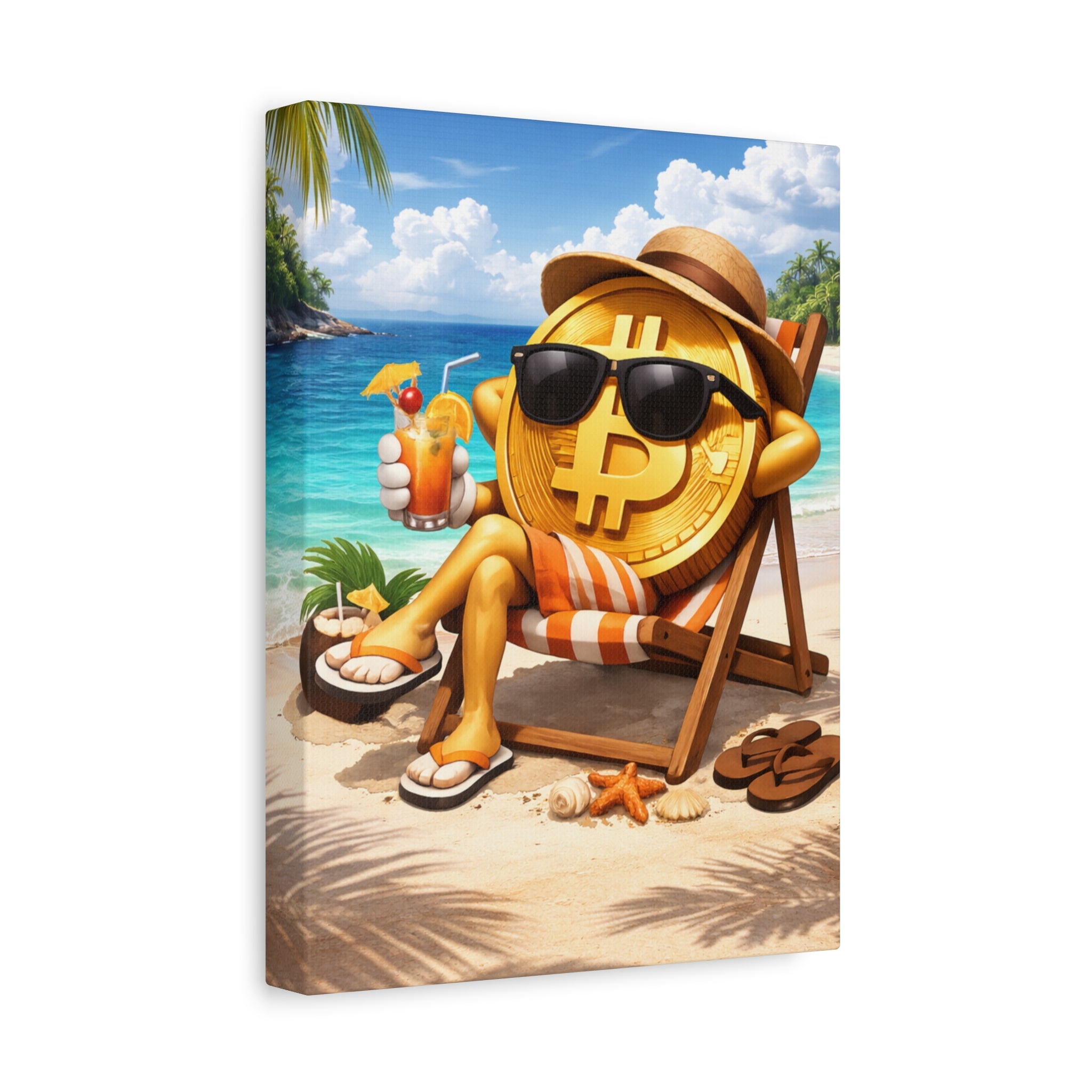 Relaxing Bitcoin Beach Canvas Wall Art | Crypto Coastal Decor | Luxury Bitcoin Artwork | Modern Digital Currency Wall Art | 9 x 12