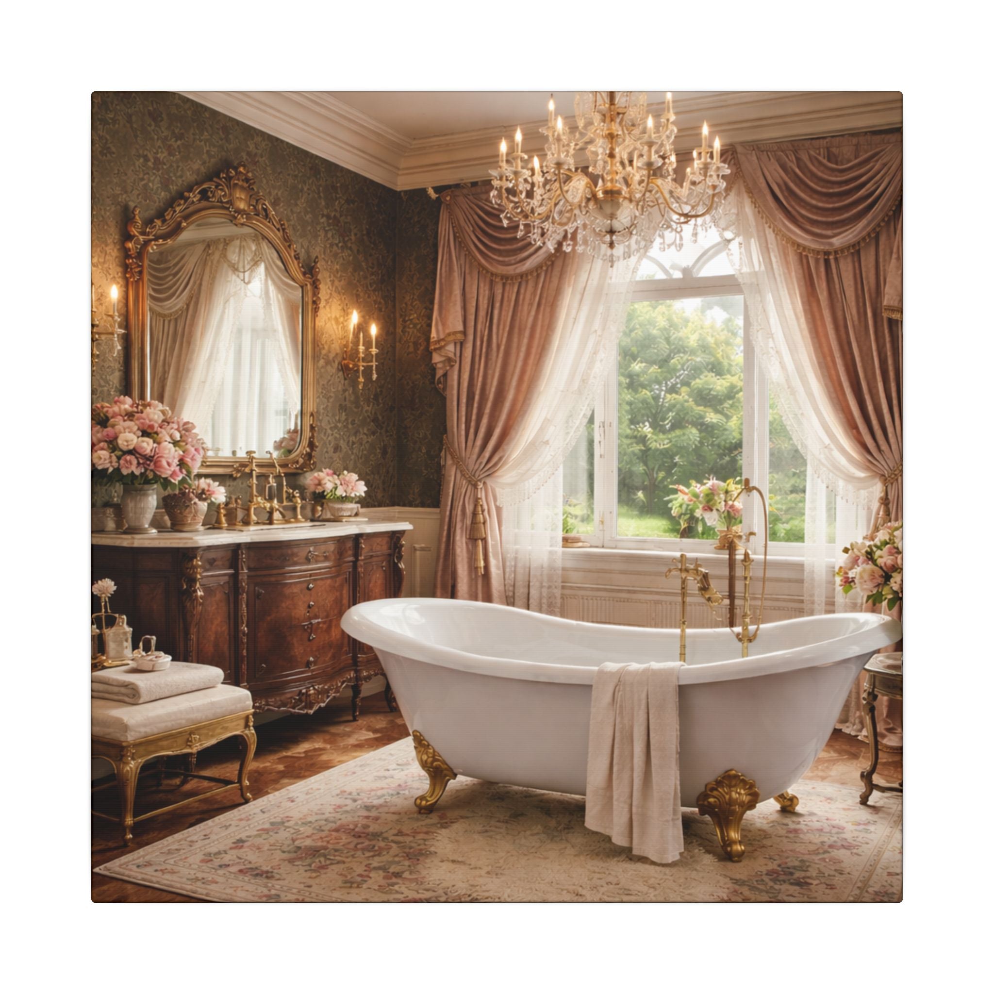 Victorian Clawfoot Tub Canvas Art | Bathroom Decor | Vintage Bathroom Wall Canvas | Romantic Victorian Bath Artwork | 16" x 16"