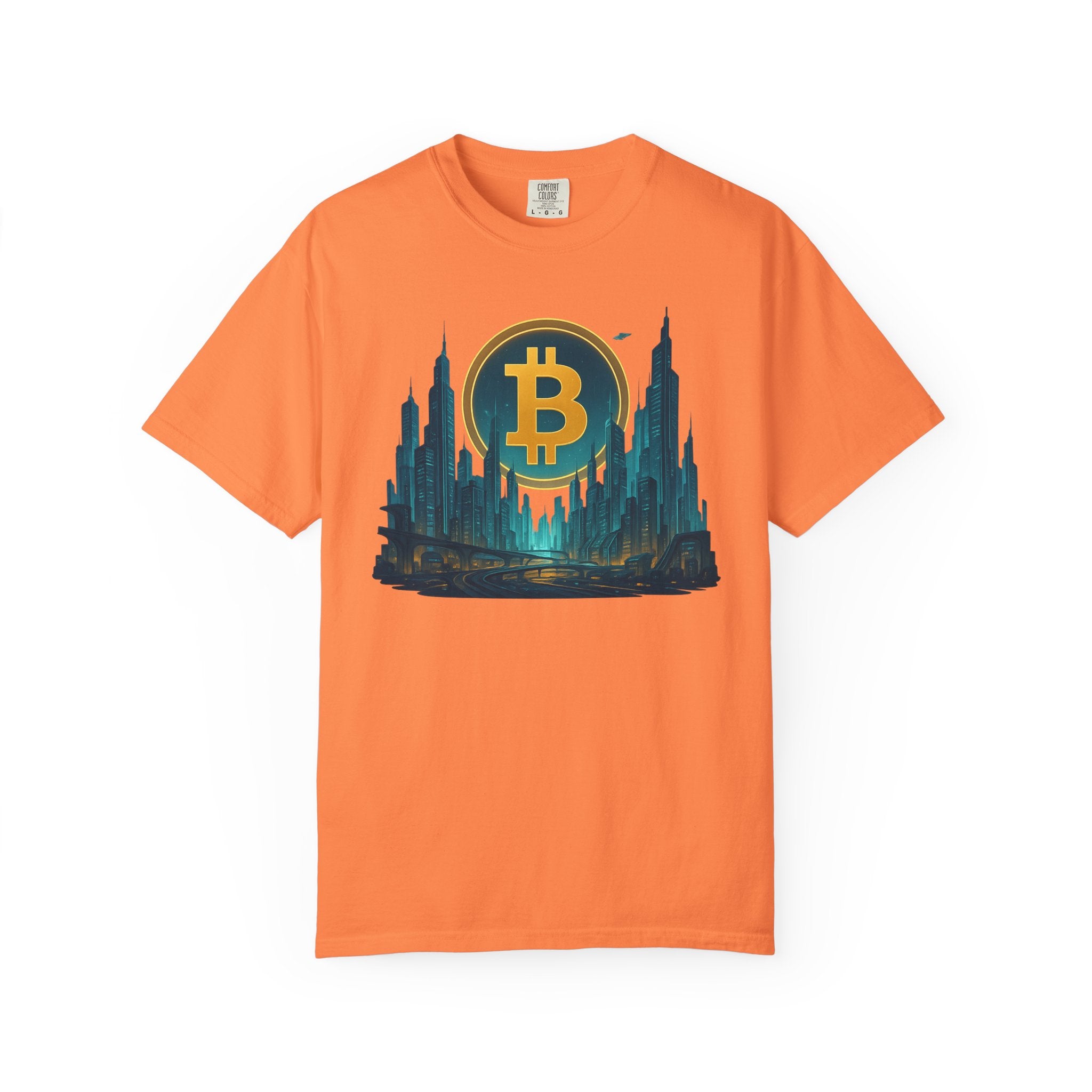 Futuristic Bitcoin City T-Shirt | Neon Crypto Skyline Tee for Bitcoin Enthusiasts | 7 Colors - 100% cotton