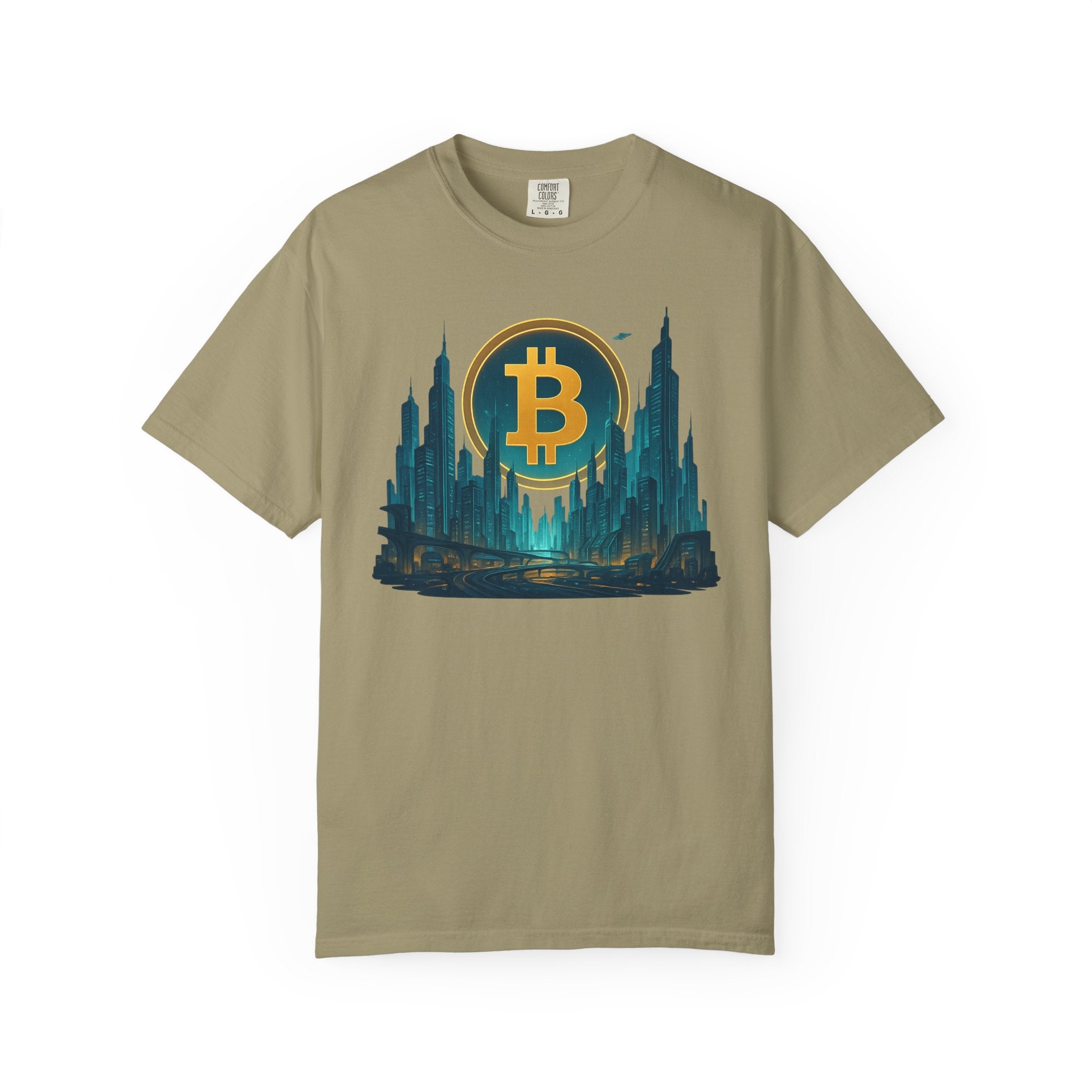 Futuristic Bitcoin City T-Shirt | Neon Crypto Skyline Tee for Bitcoin Enthusiasts | 7 Colors - 100% cotton