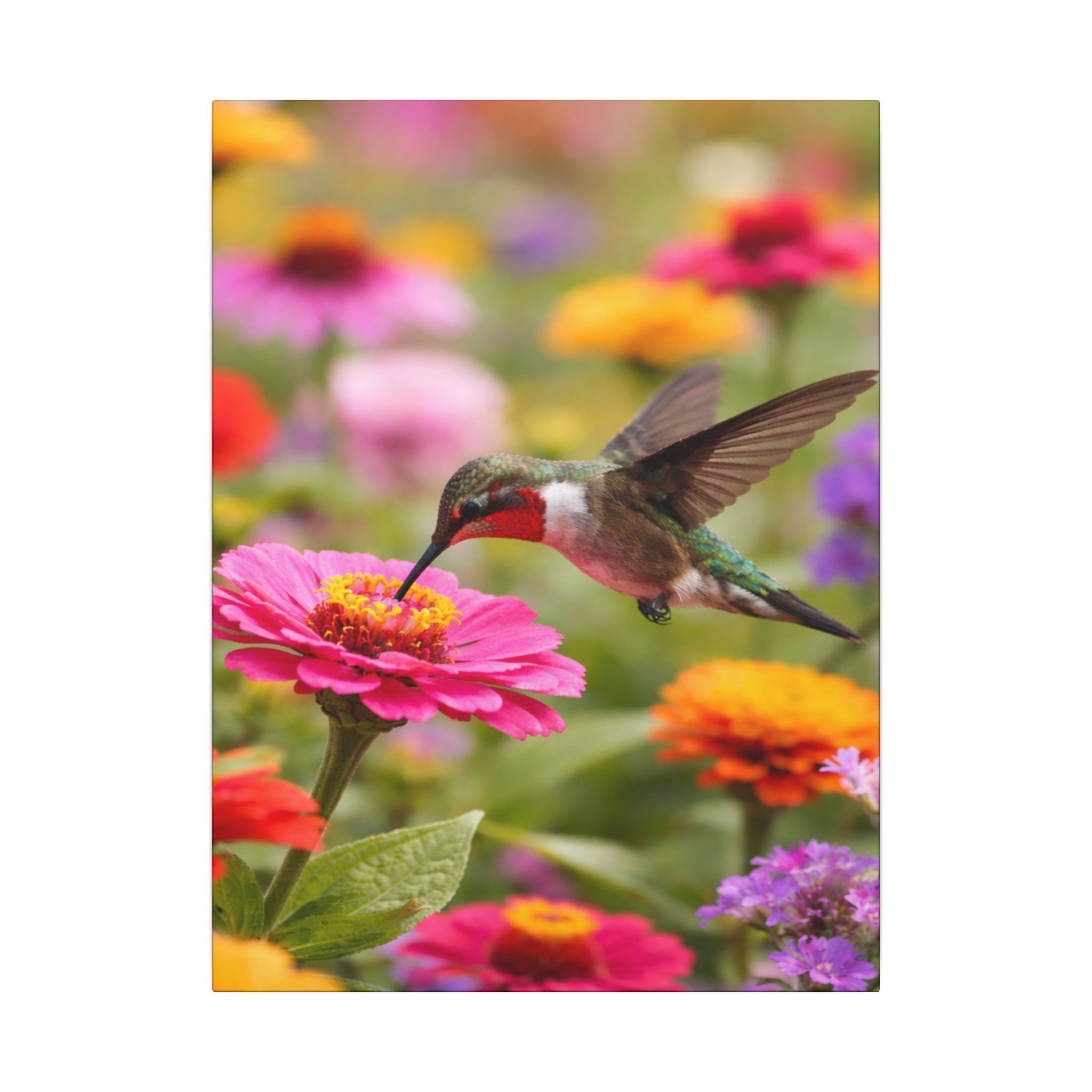 Hummingbird Flower Canvas Print | Colorful Garden Wall Art | Nature Bird Canvas Decor | 18" x 24"