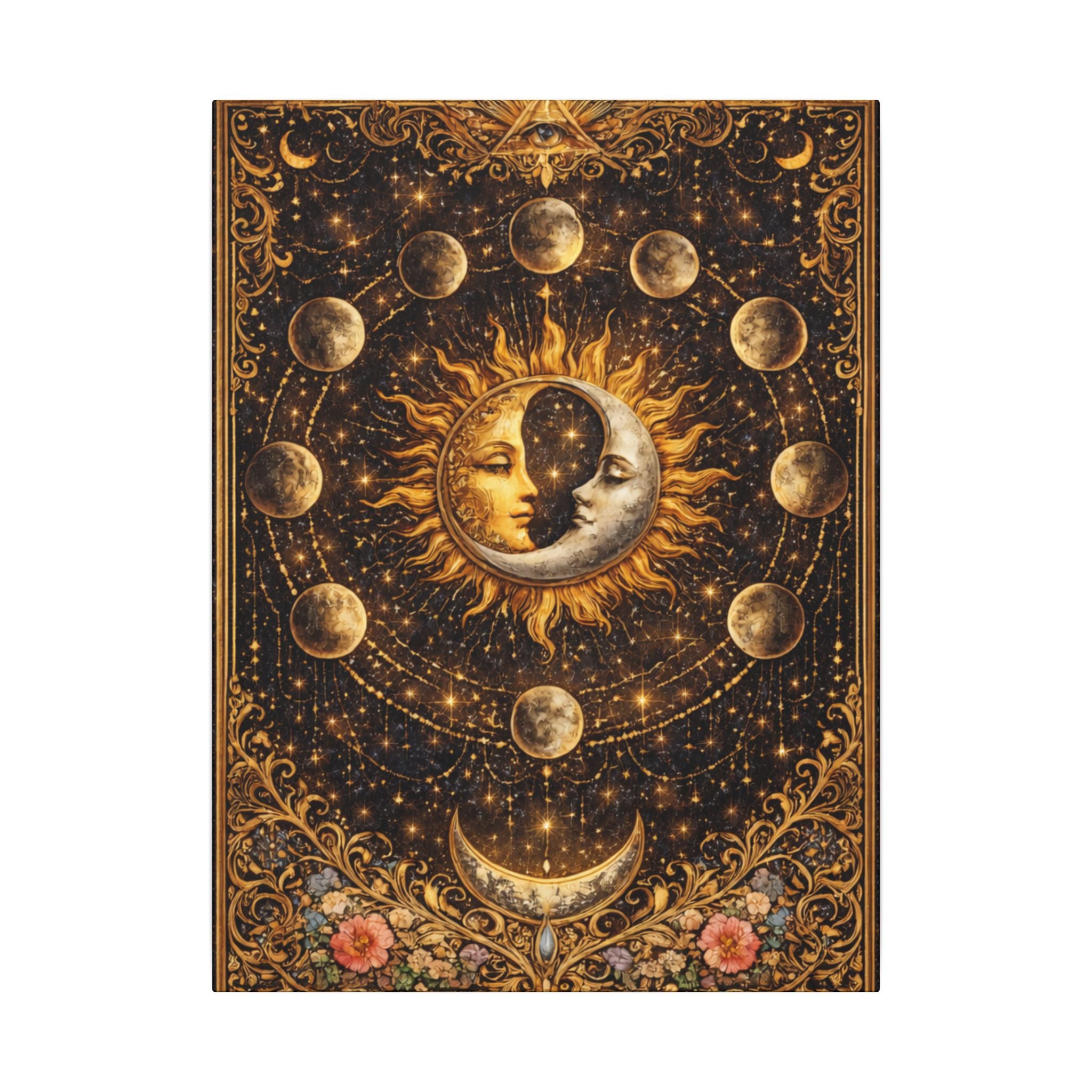 Celestial Moon Phase Canvas Wall Art | Sun Moon Wall Decor | Boho Celestial Canvas | Mystic Astrology Art | Spiritual Home Decor | 18" x 24"