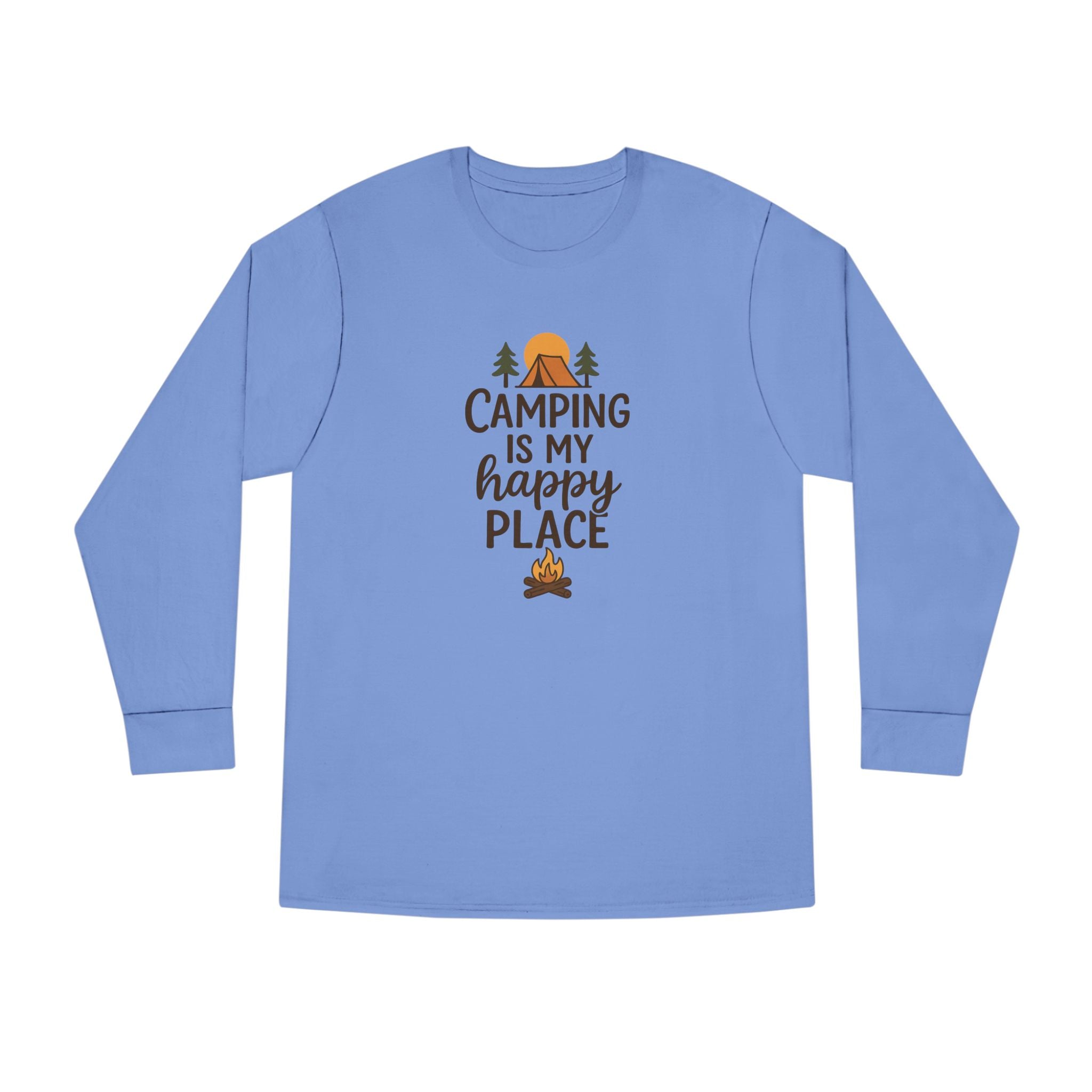 Camping Is My Happy Place Long Sleeve Tee | Campfire Trees Sun Outdoor Shirt | 4 colors - 100% cotton