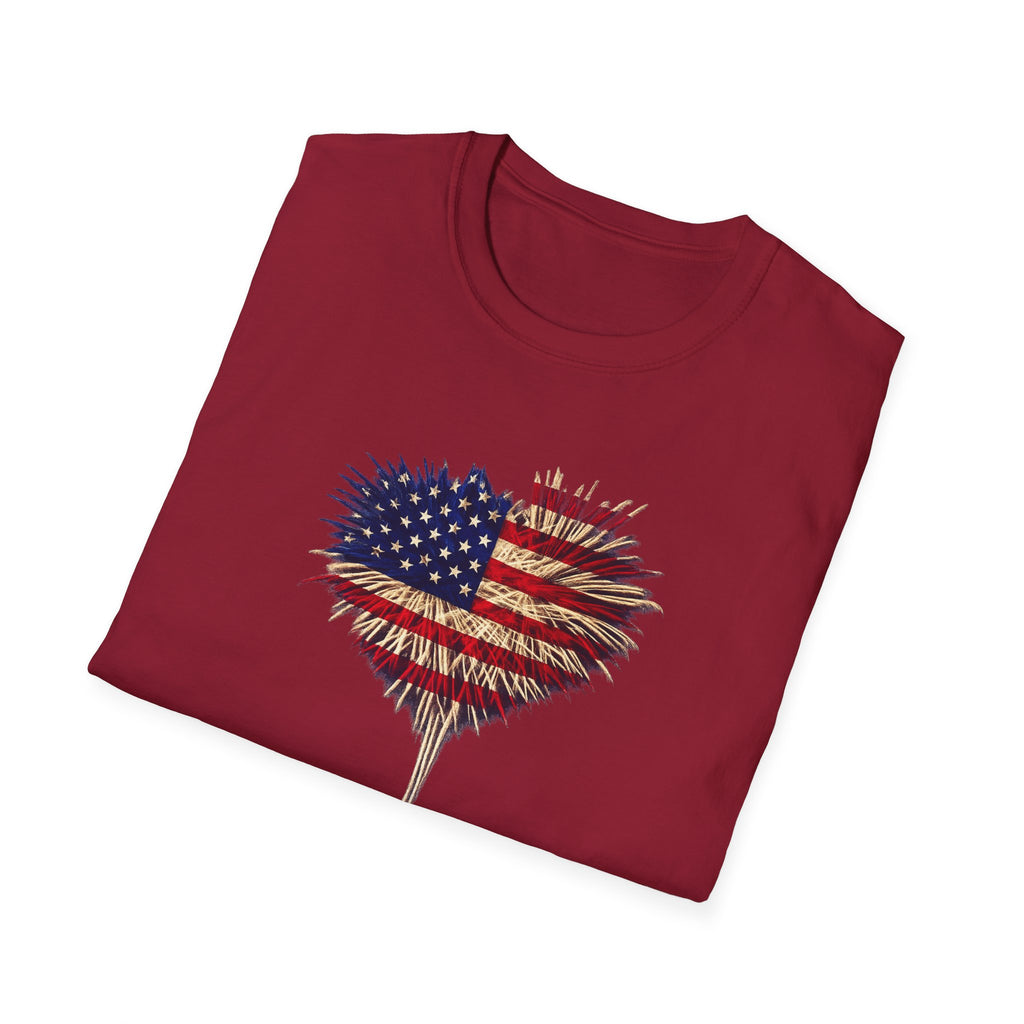 American Flag Fireworks Heart T-Shirt | Patriotic 4th of July Shirt | USA Independence Day Tee | 7 colors - 100% cotton