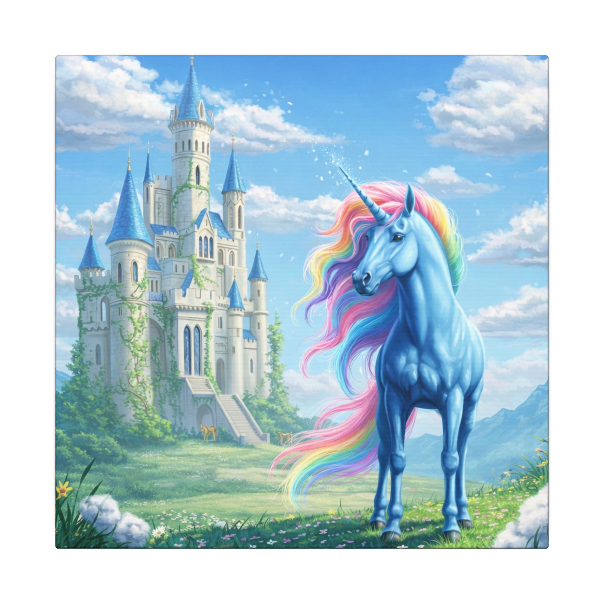 Magical Unicorn Castle Canvas Wall Art | Girls Unicorn Bedroom Decor | Fantasy Princess Room Wall Art  | 16x16 or 24x24