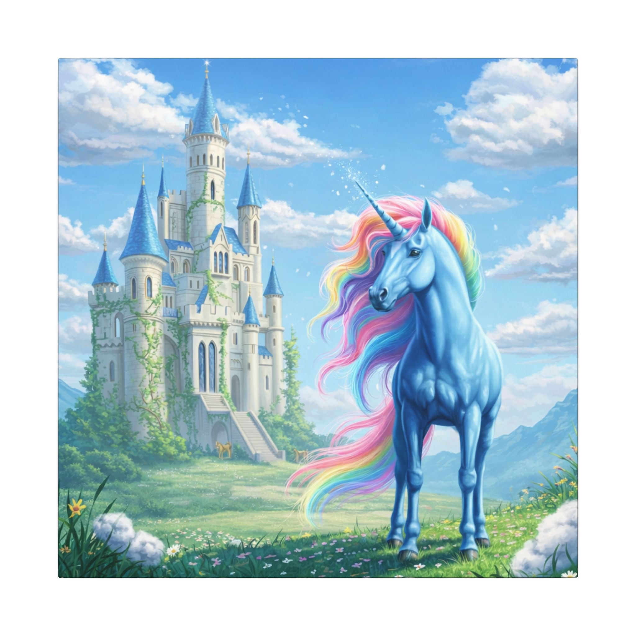 Magical Unicorn Castle Canvas Wall Art | Girls Unicorn Bedroom Decor | Fantasy Princess Room Wall Art  | 16x16 or 24x24