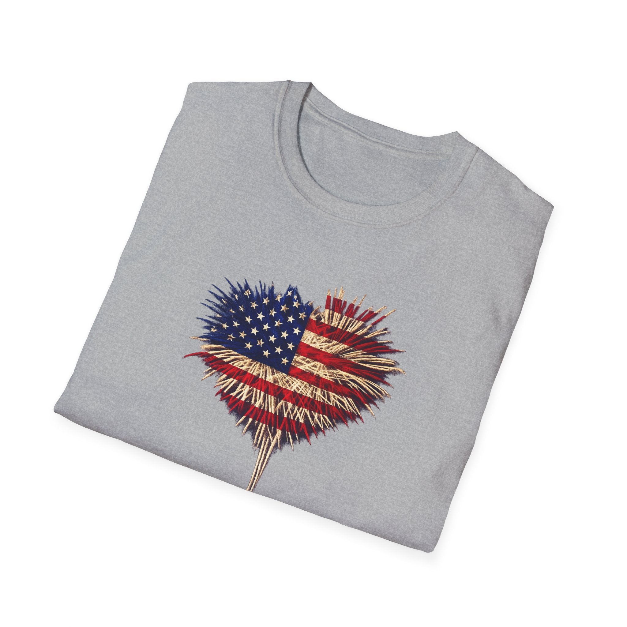 American Flag Fireworks Heart T-Shirt | Patriotic 4th of July Shirt | USA Independence Day Tee | 7 colors - 100% cotton