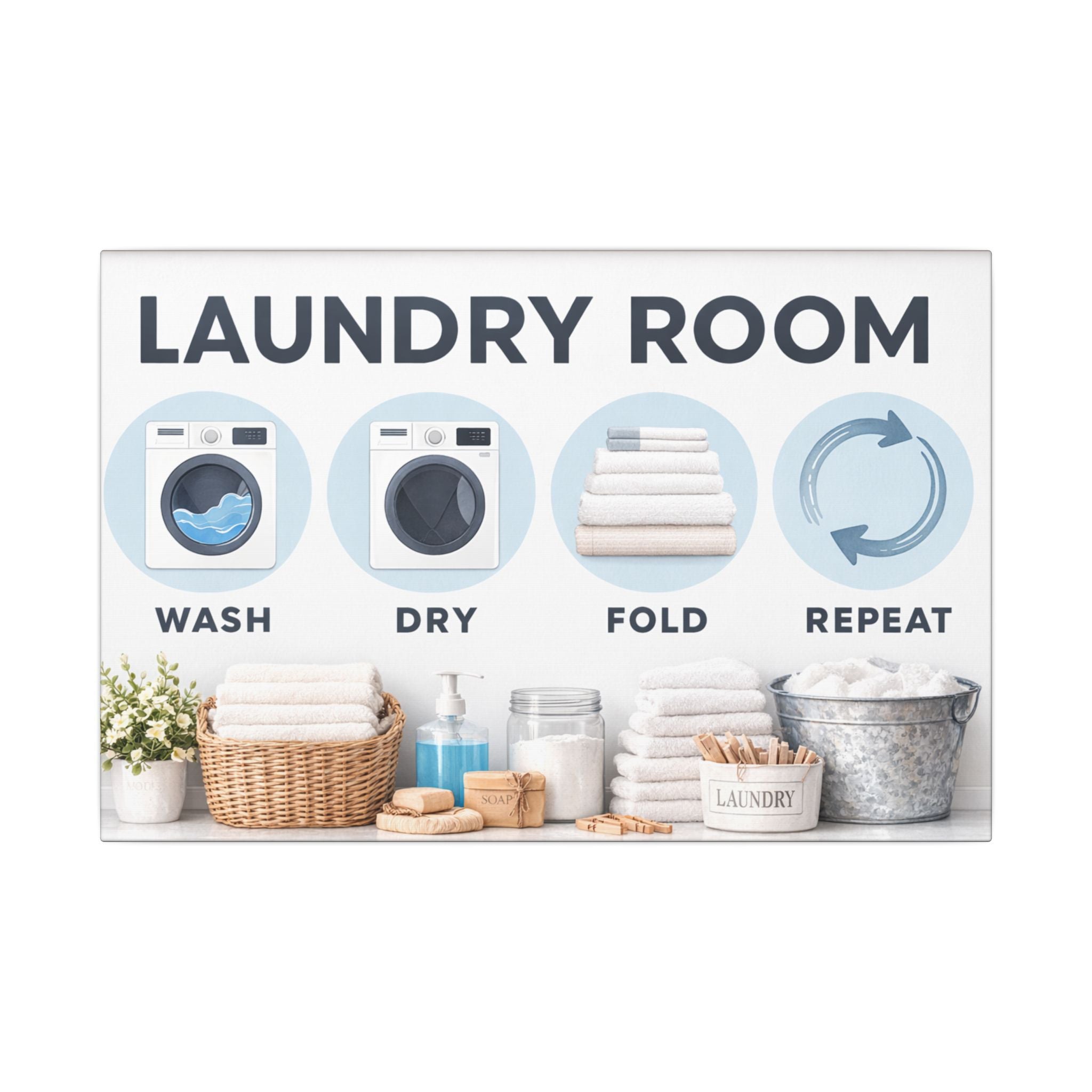 Modern Laundry Room Wall Art Canvas | Wash Dry Fold Repeat Laundry Sign | Minimalist Laundry Room Decor |  18 x 12