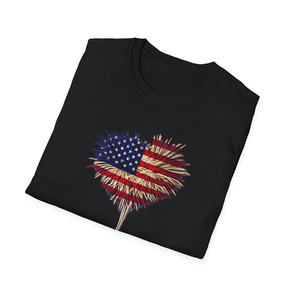 American Flag Fireworks Heart T-Shirt | Patriotic 4th of July Shirt | USA Independence Day Tee | 7 colors - 100% cotton