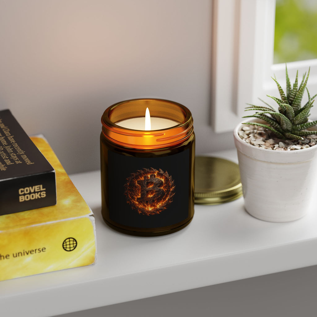 Fiery Bitcoin Logo Candle Coconut Apricot Wax Candle | 4oz 9oz