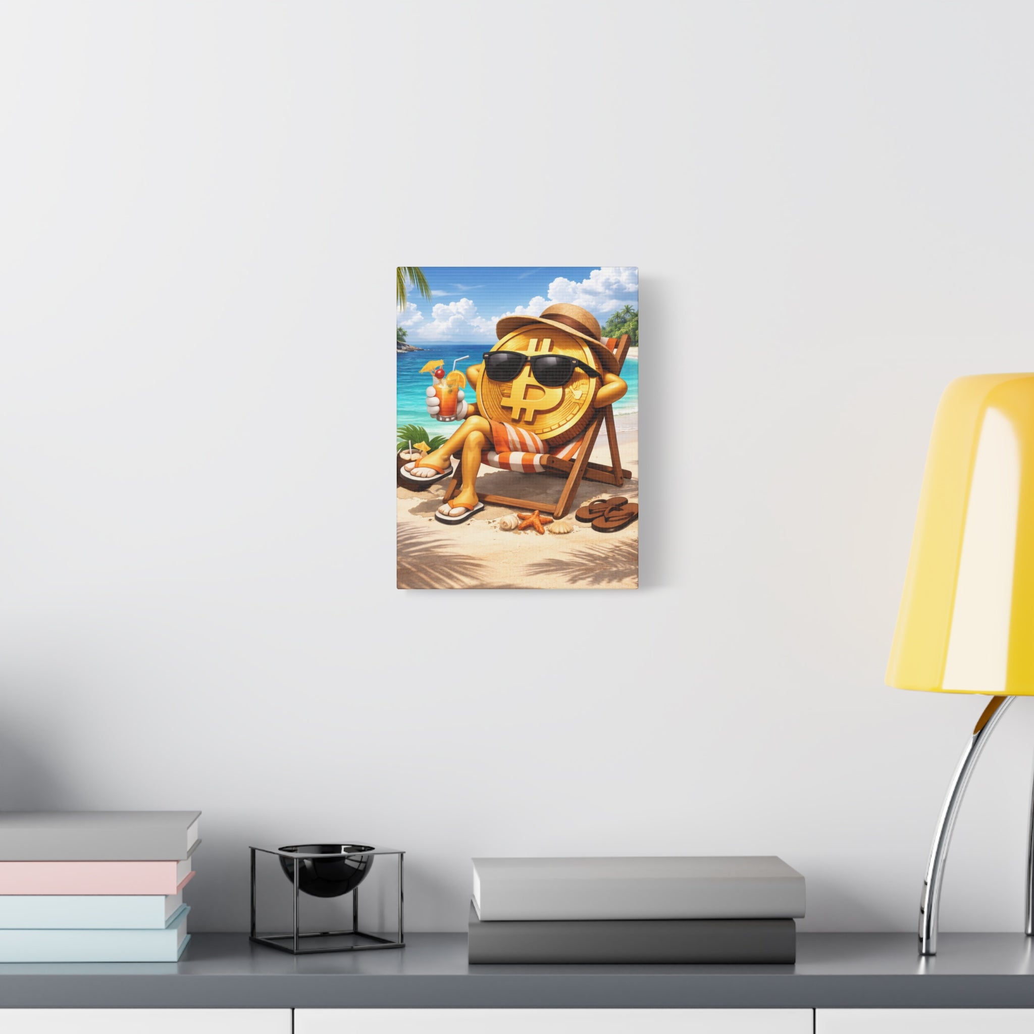 Relaxing Bitcoin Beach Canvas Wall Art | Crypto Coastal Decor | Luxury Bitcoin Artwork | Modern Digital Currency Wall Art | 9 x 12