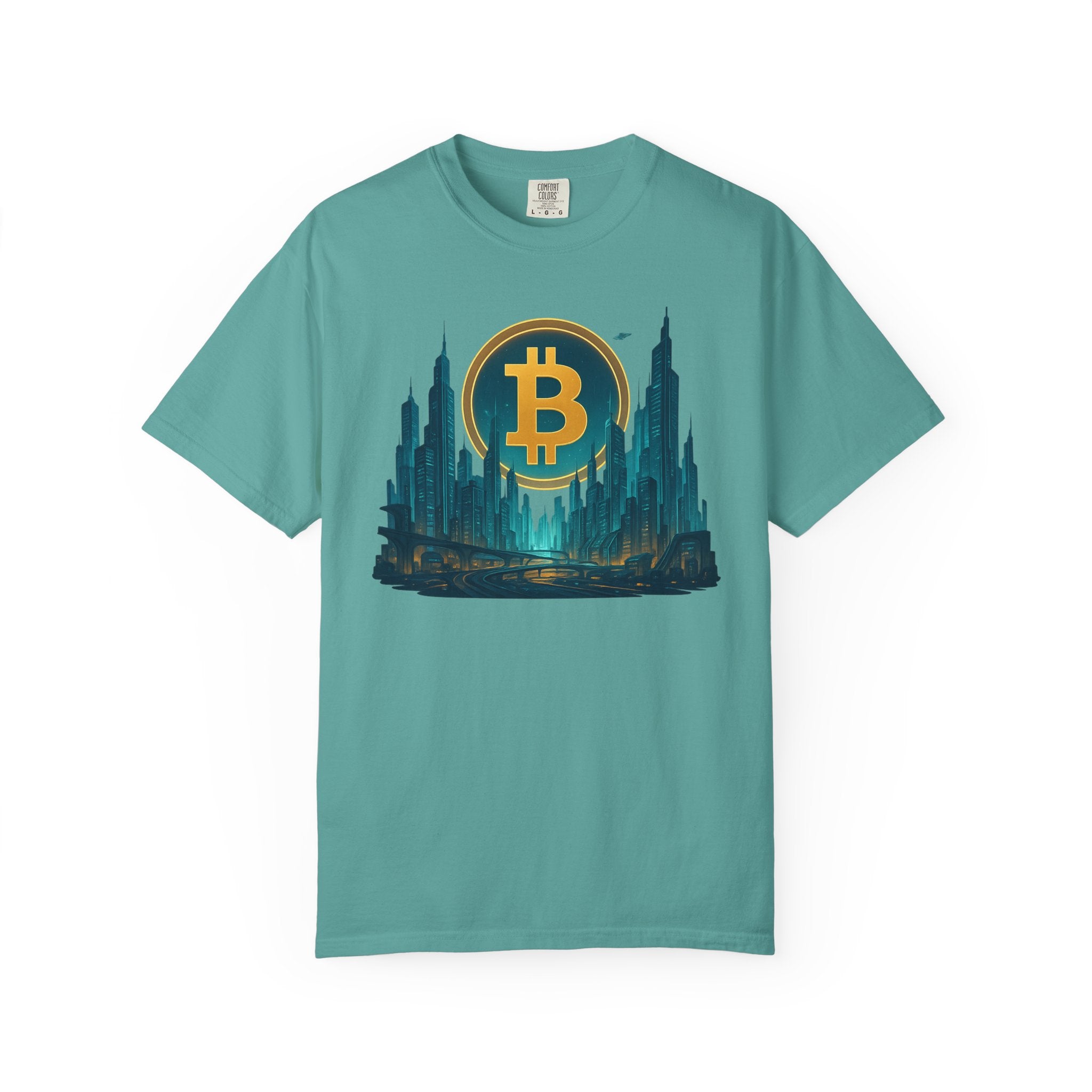 Futuristic Bitcoin City T-Shirt | Neon Crypto Skyline Tee for Bitcoin Enthusiasts | 7 Colors - 100% cotton