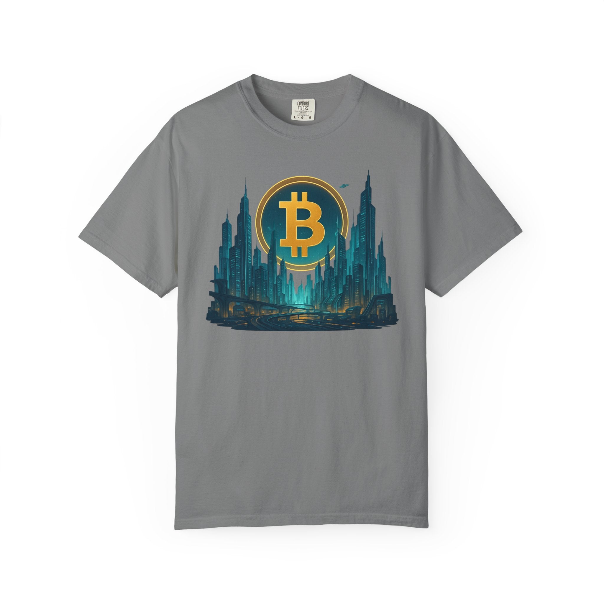 Futuristic Bitcoin City T-Shirt | Neon Crypto Skyline Tee for Bitcoin Enthusiasts | 7 Colors - 100% cotton