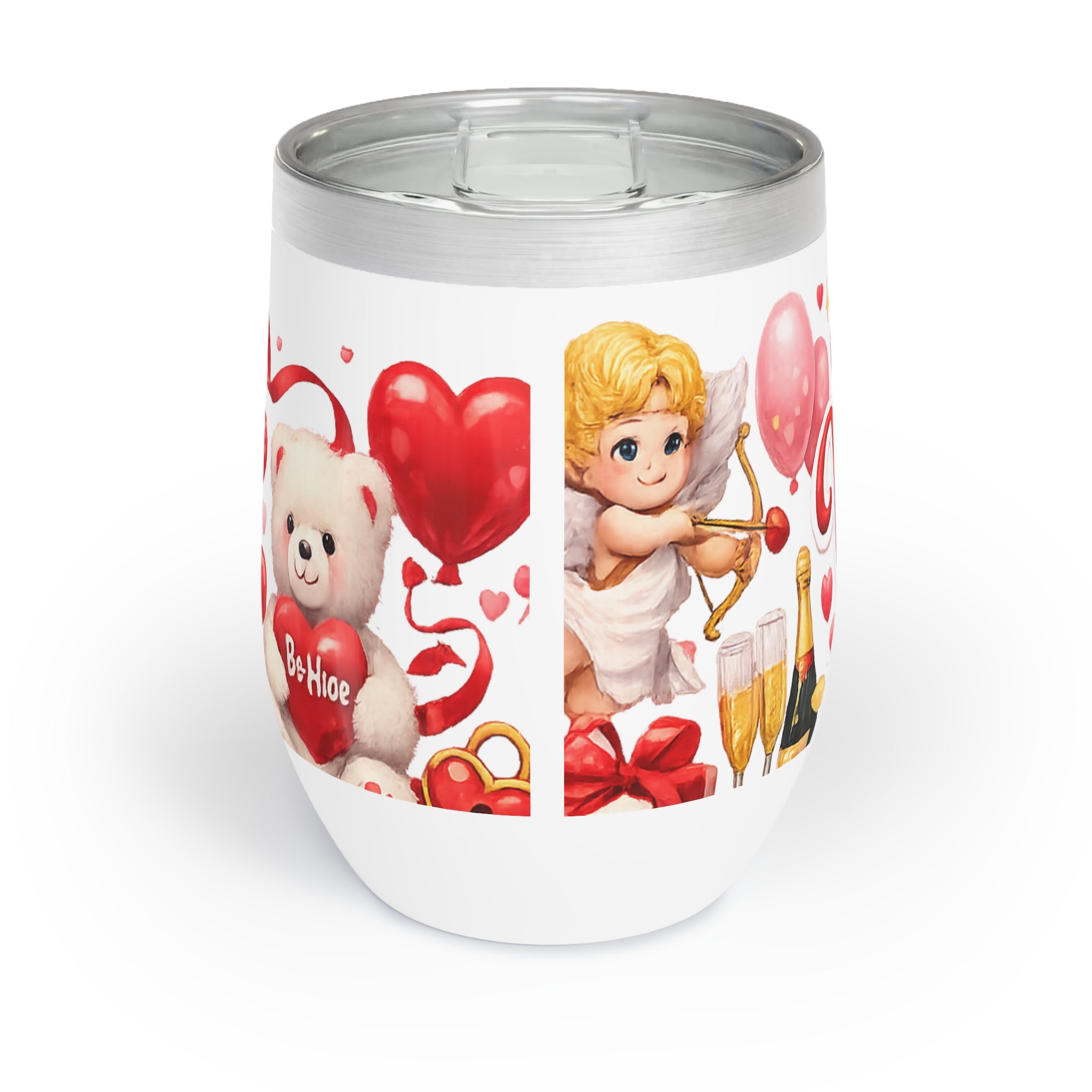 Happy Valentine's Day Wine Tumbler | Stainless Steel Insulated Wine Cooler | Cute Cupid & Hearts | Valentine Gift for Her or Him 12 oz