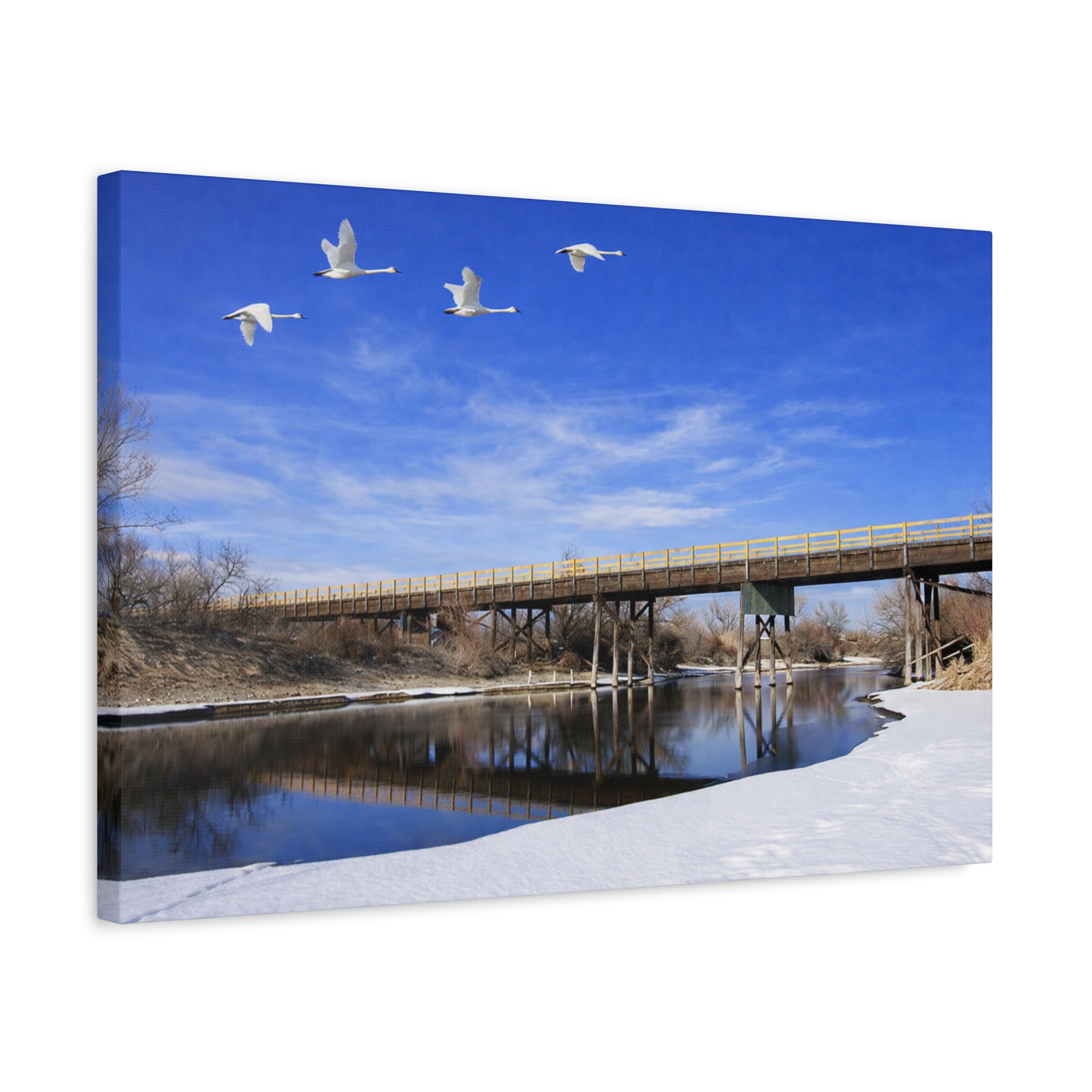 Jackson Bridge Matte Canvas, Stretched 1.25" - Scenic River & White Swans Wall Art - Customizable Nature Landscape Decor - 6 sizes