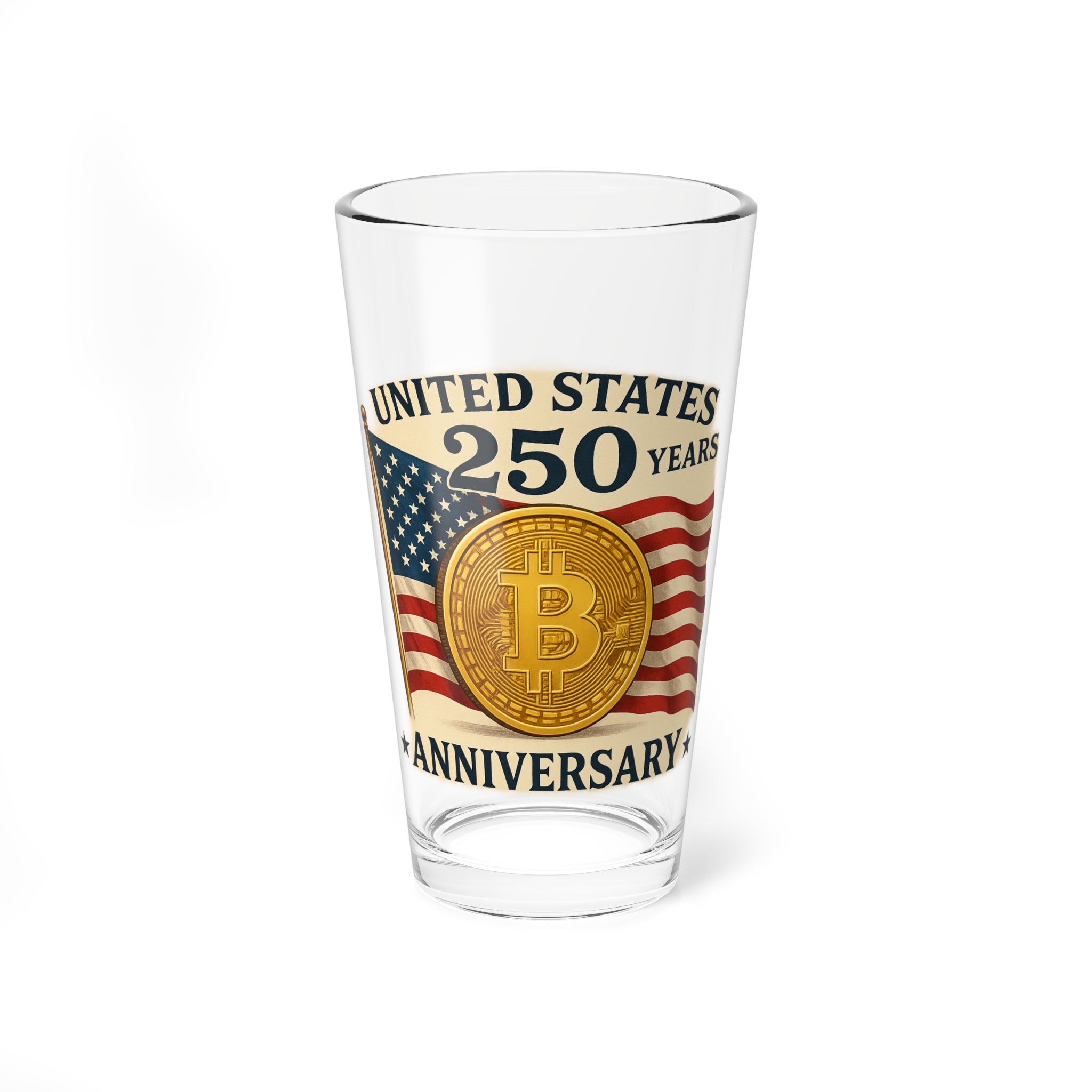 United States 250th Anniversary Pint Glass | Patriotic Bitcoin USA Glass | American Independence Commemorative Barware | 16oz Pint Glass