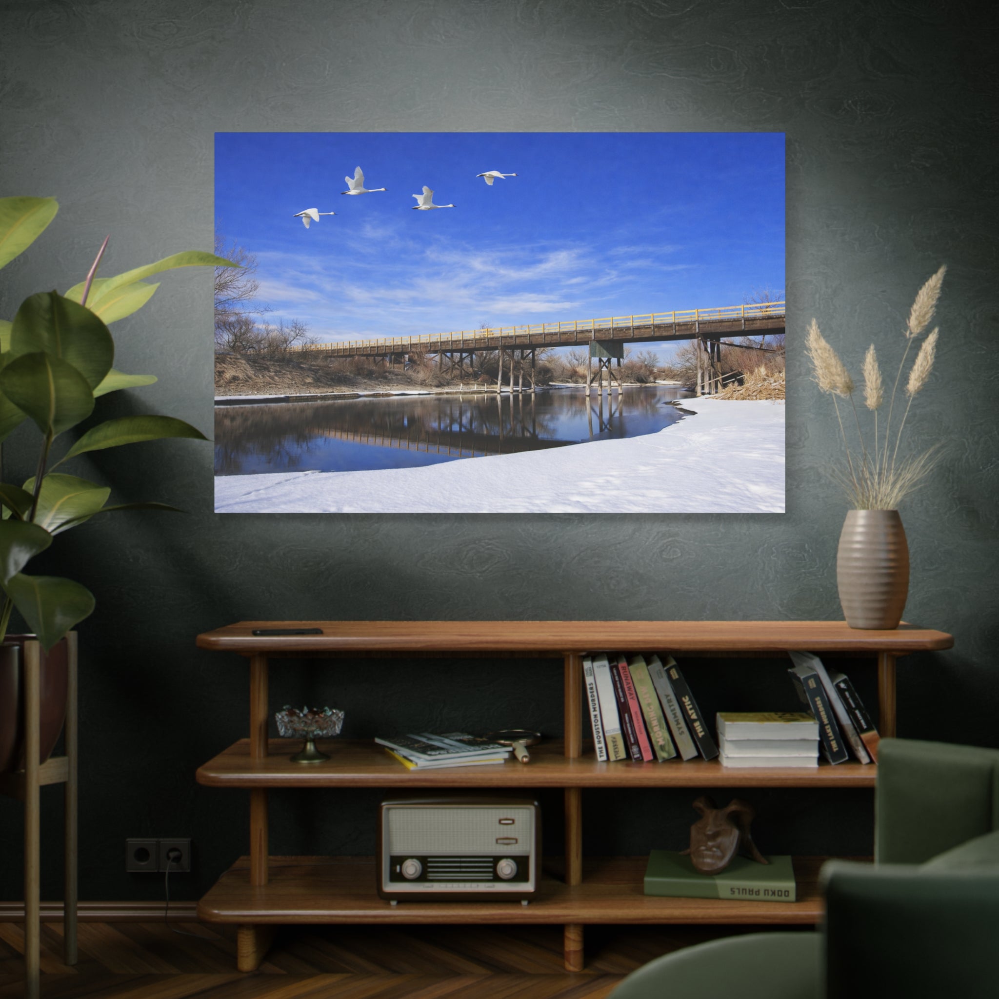 Jackson Bridge Matte Canvas, Stretched 1.25" - Scenic River & White Swans Wall Art - Customizable Nature Landscape Decor - 6 sizes