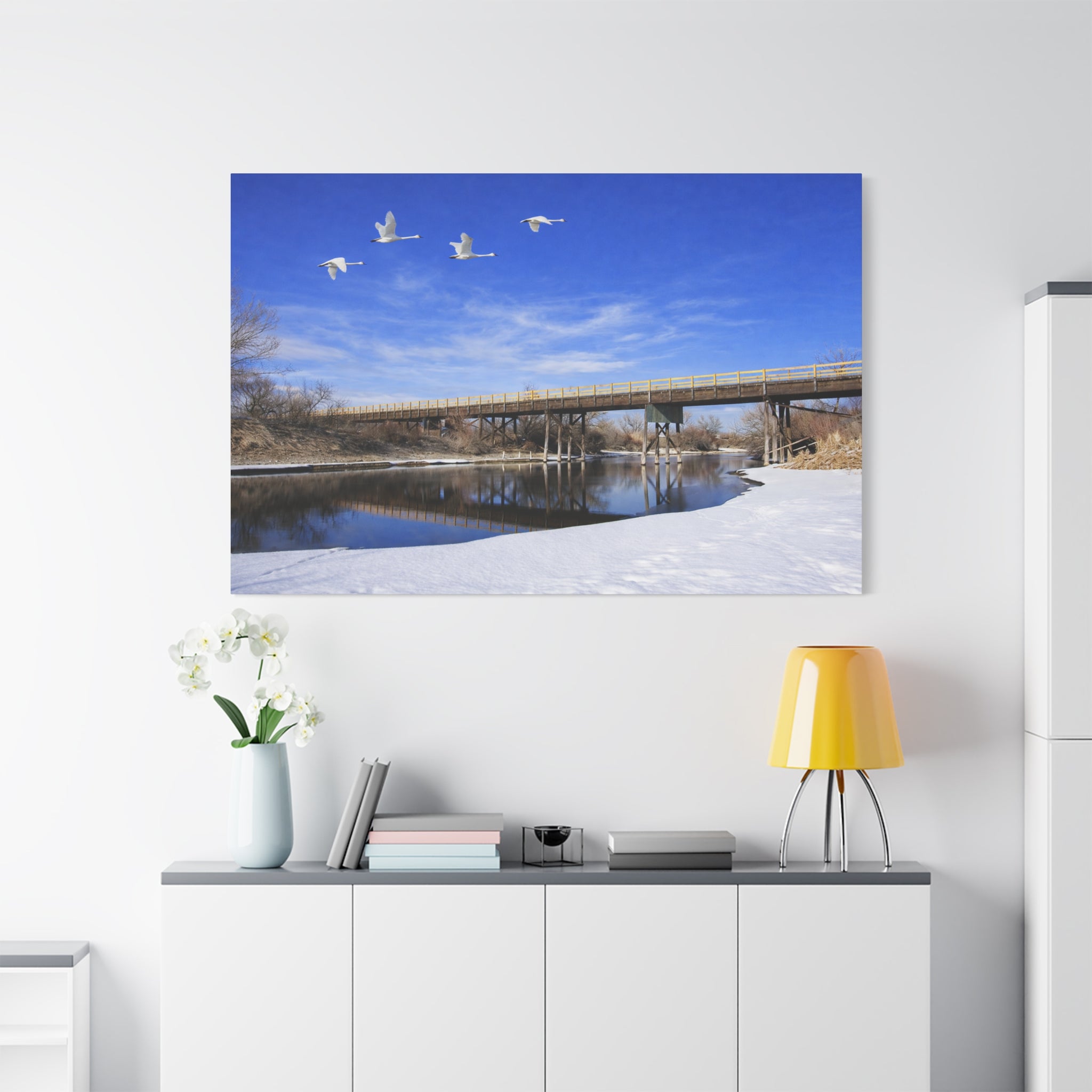 Jackson Bridge Matte Canvas, Stretched 1.25" - Scenic River & White Swans Wall Art - Customizable Nature Landscape Decor - 6 sizes
