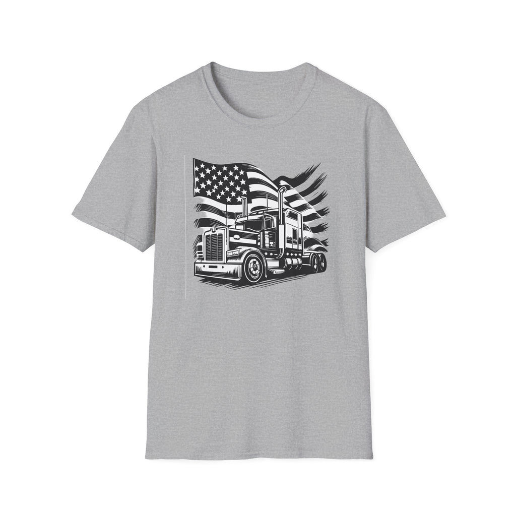 American Trucker Pride T-Shirt | Patriotic Semi Truck Graphic Tee for Truck Drivers |  USA Flag Big Rig Shirt | 5 colors - 100% cotton