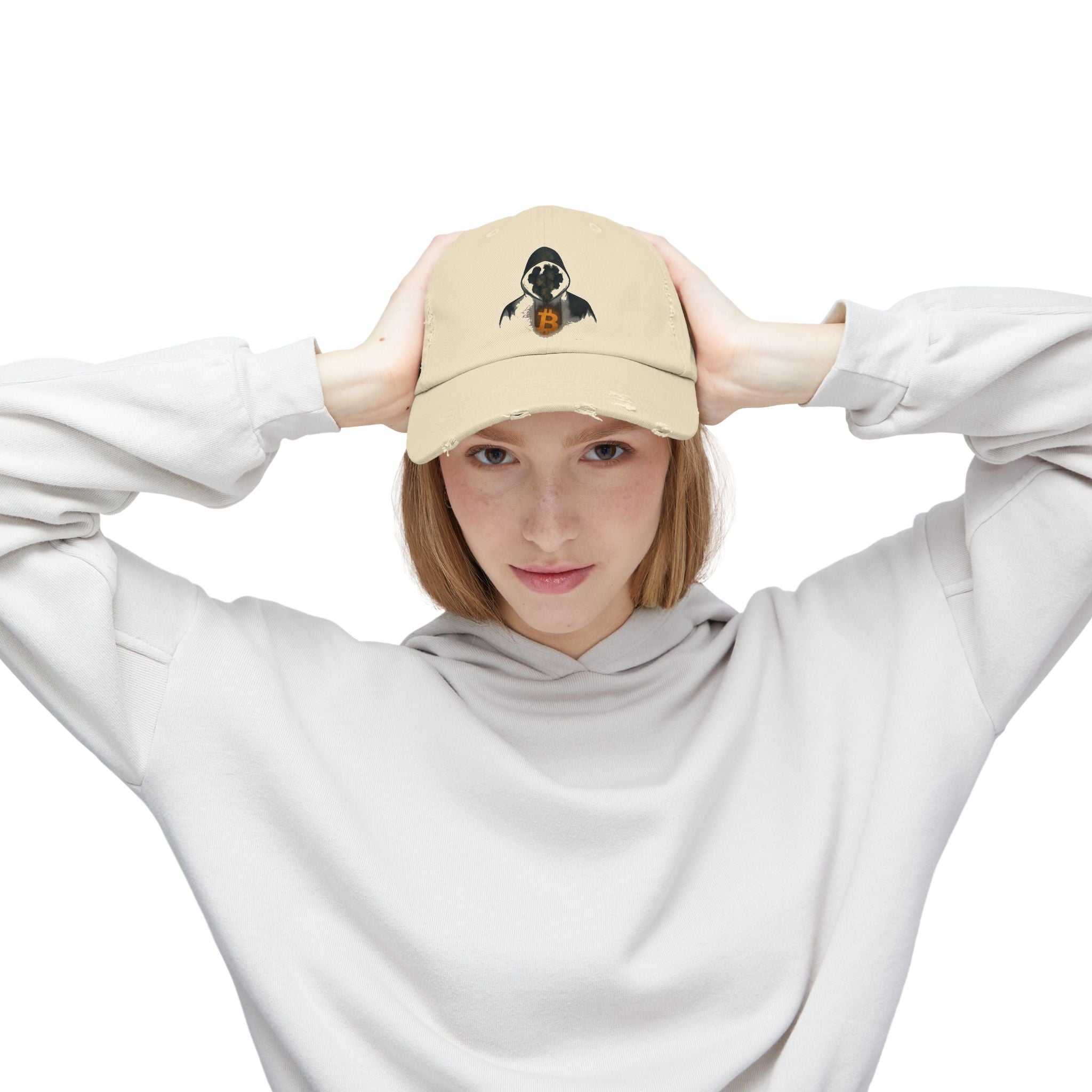 We Are All Satoshi Hat. Distressed Beige Unisex Cap for True Bitcoin Believers