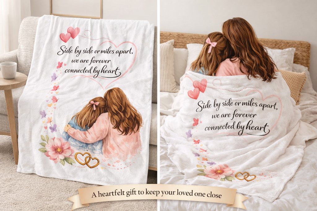 Mother Daughter Blanket | Side by Side or Miles Apart - Forever Connected by Heart | Mothers Day Gift | 50" x 60"