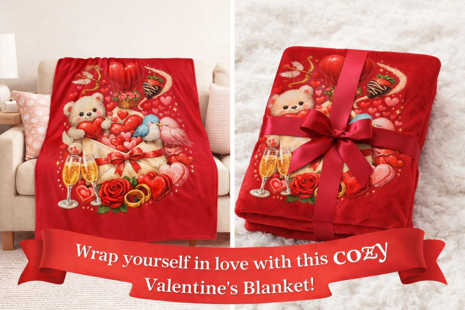 Valentine Love Blanket Throw | Teddy Bear, Hearts, Roses & Champagne Cozy Velveteen Blanket Gift | 50" x 60"