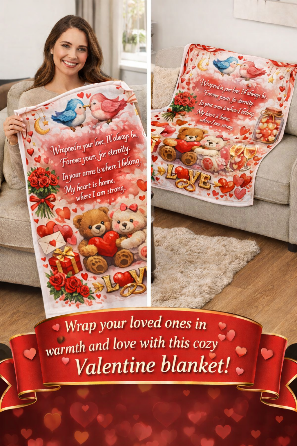 Romantic Love Throw Blanket | Valentine Teddy Bears, Heart Poem Cozy Gift for Couples | Anniversary or Wedding Keepsake | 50" x 60"