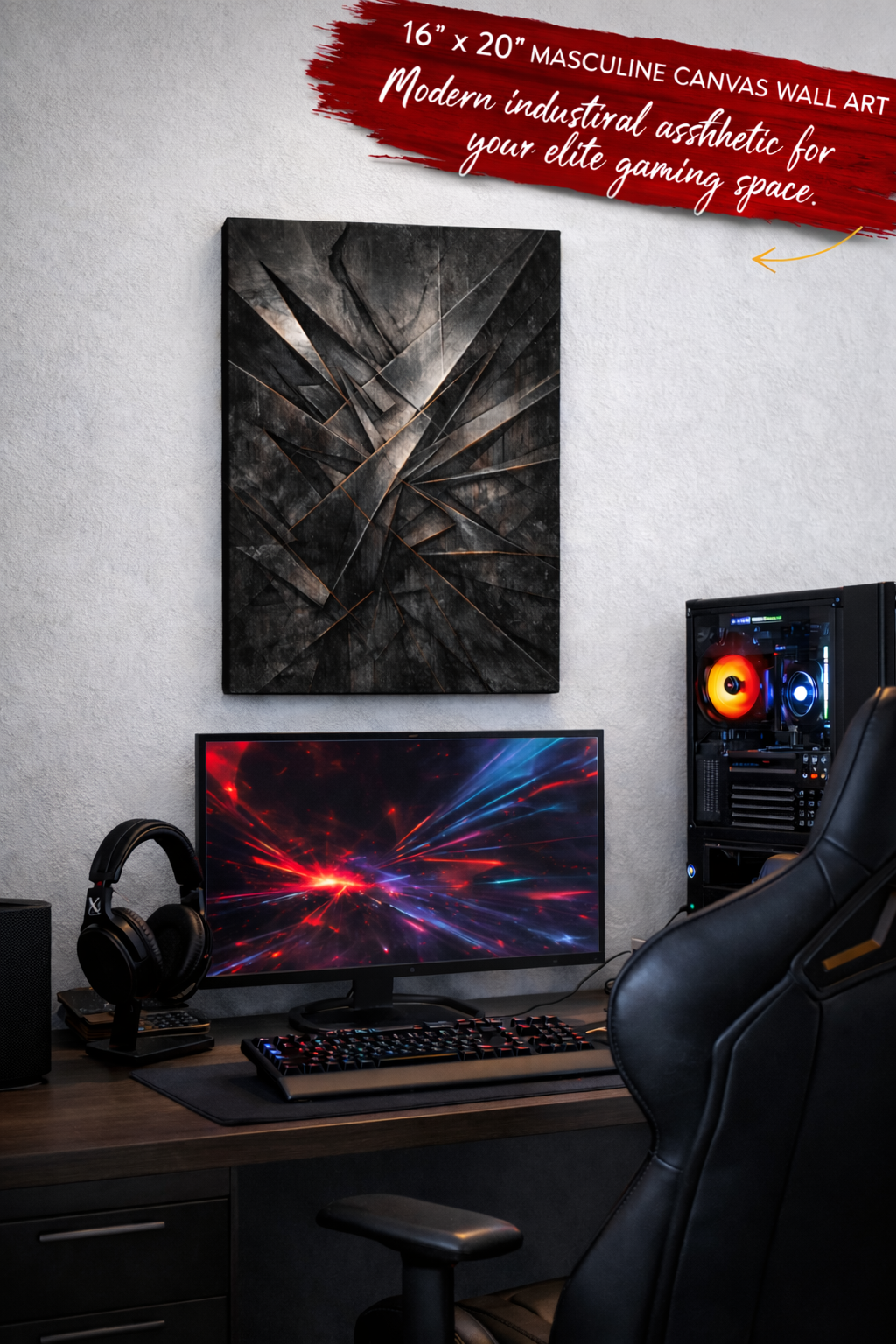 Geometric Steel Canvas Wall Art | Industrial Metal Abstract | Modern Masculine Office Decor | Industrial Wall Art | Dorm Decor | 16" x 20"