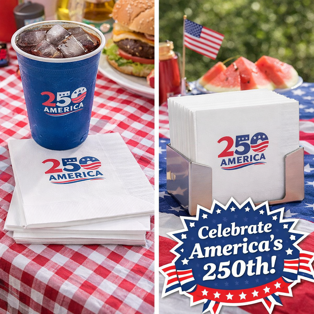 America 250 Napkins | Patriotic Party Napkins | USA  Anniversary Napkins | July 4th Party Decor Cookout Napkins | (50 or 100 Count) 2 sizes