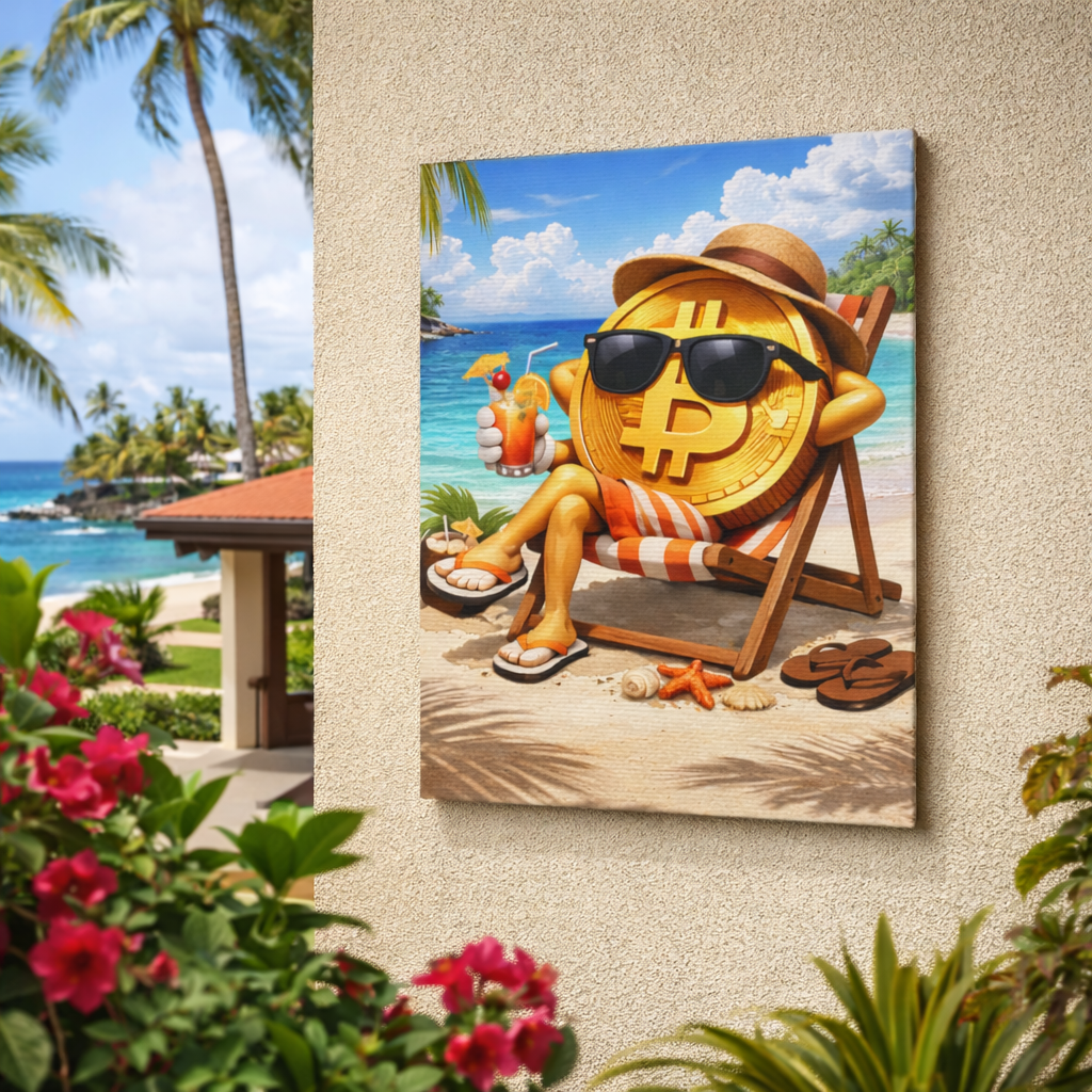 Relaxing Bitcoin Beach Canvas Wall Art | Crypto Coastal Decor | Luxury Bitcoin Artwork | Modern Digital Currency Wall Art | 9 x 12
