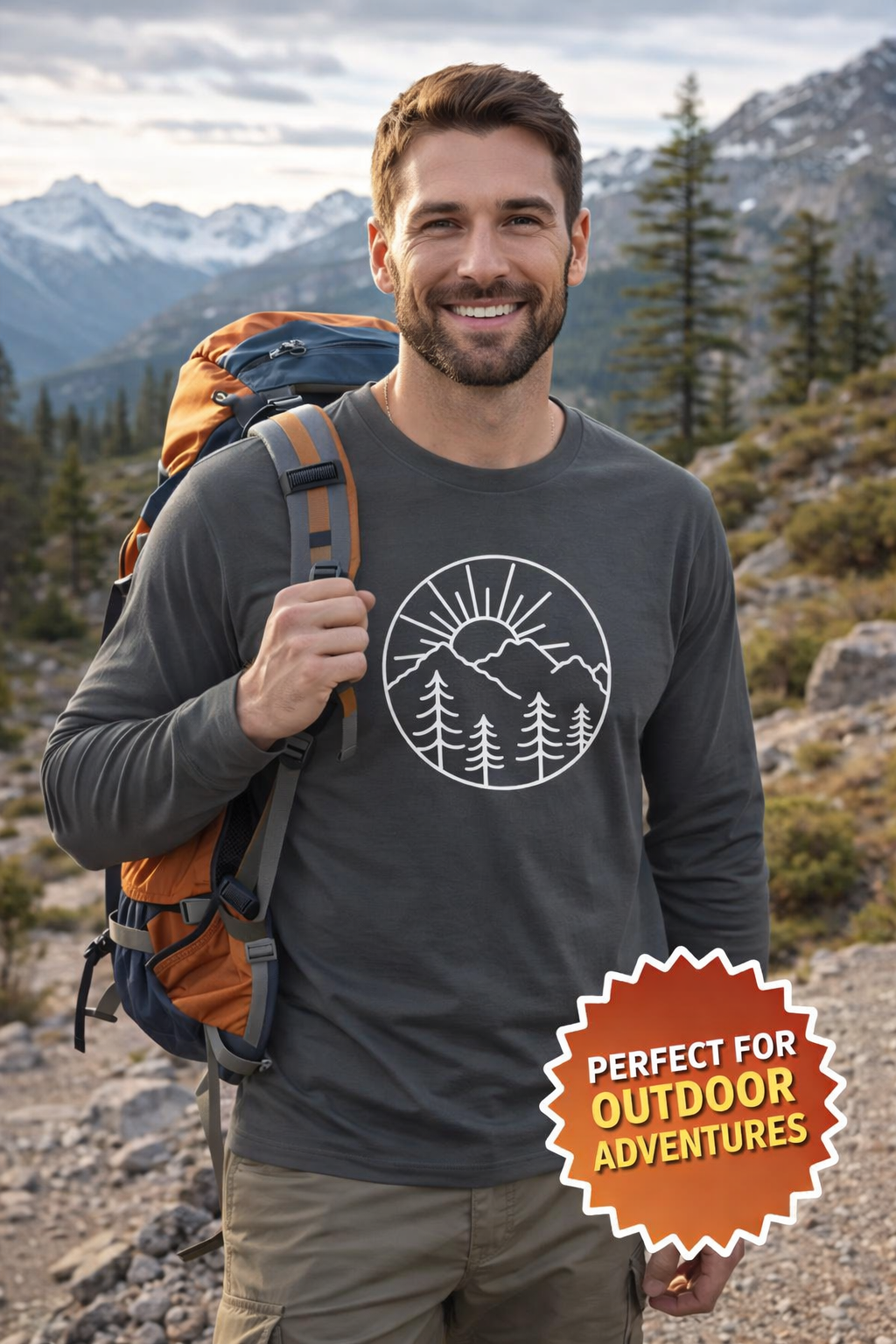 Mens Hiking Long Sleeve Shirt | Minimalist Mountain Graphic Tee | Outdoor Nature Shirt | Camping Trail Gift for Him | 7 colors - 100% cotton