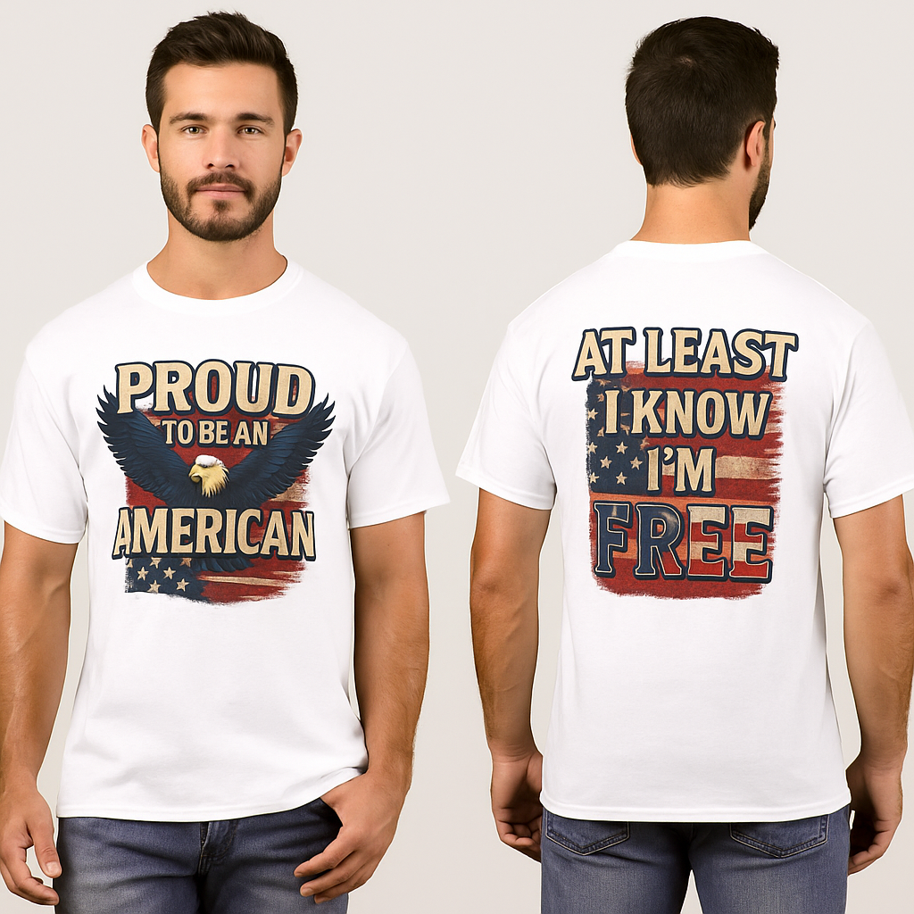 Proud to be an American, at Least I know I'm Free Patriotic Tee with Eagle and Flag | 5 colors - 100% cotton