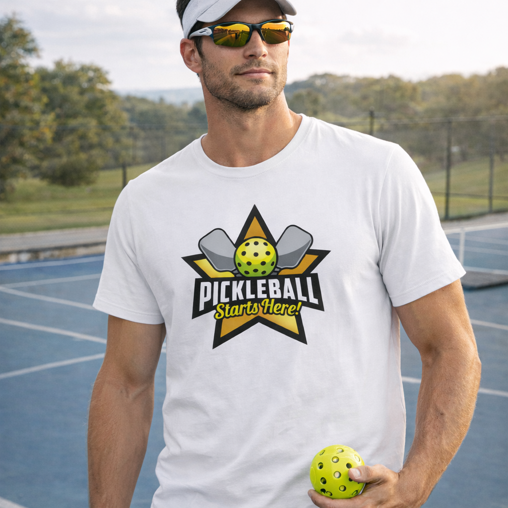 Pickleball Starts Here TShirt | Funny Pickleball Tee for Men | Pickleball Player Gift | Pickleball Court Shirt | 7 colors - 100% cotton