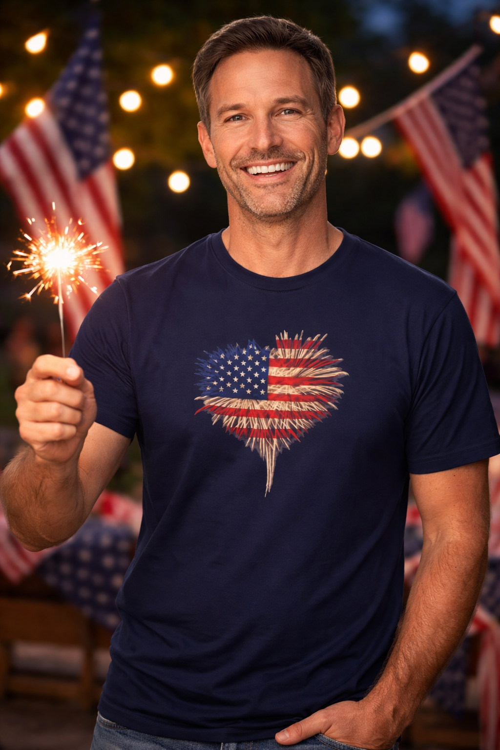 American Flag Fireworks Heart T-Shirt | Patriotic 4th of July Shirt | USA Independence Day Tee | 7 colors - 100% cotton