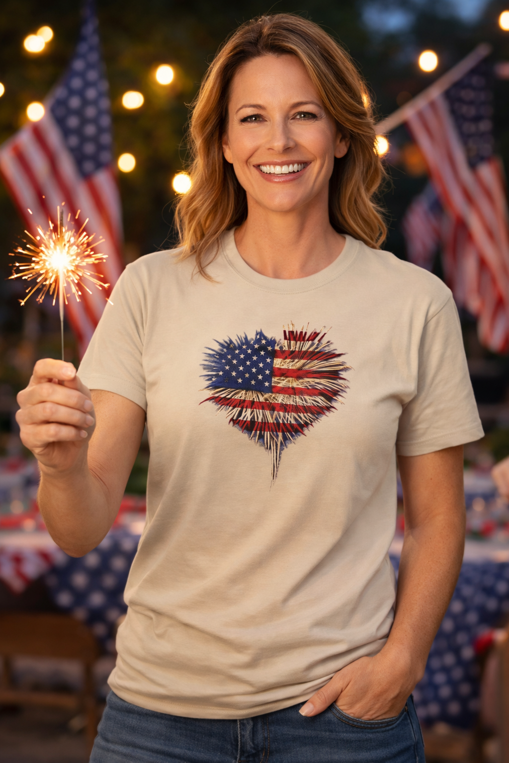 American Flag Fireworks Heart T-Shirt | Patriotic 4th of July Shirt | USA Independence Day Tee | 7 colors - 100% cotton