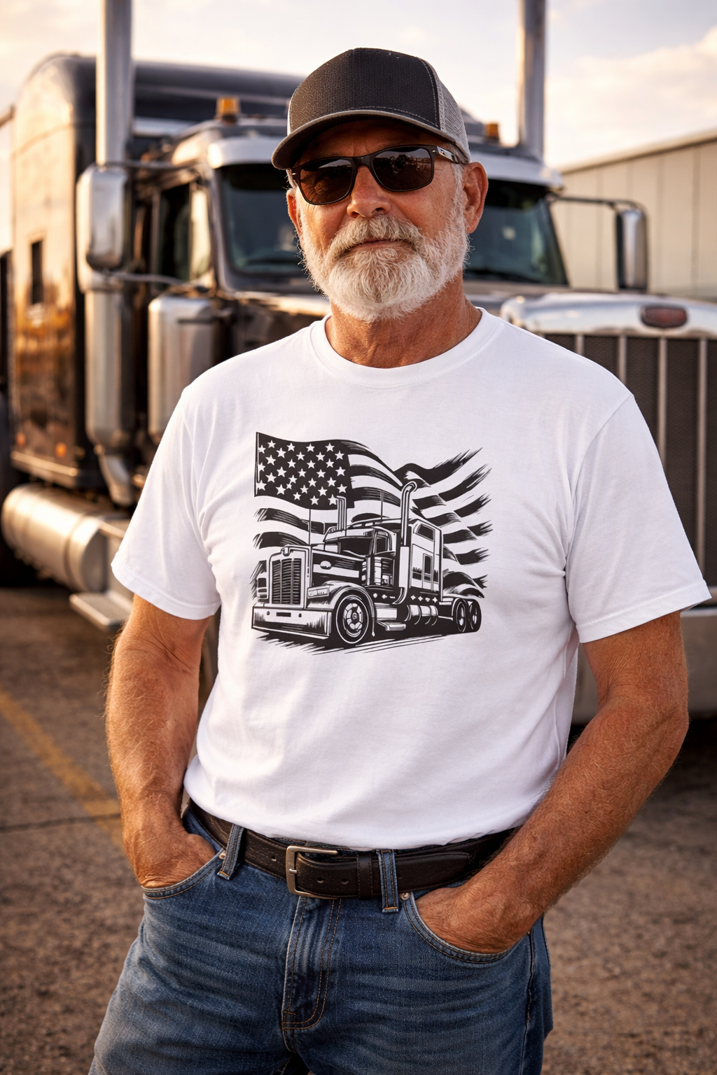 American Trucker Pride T-Shirt | Patriotic Semi Truck Graphic Tee for Truck Drivers |  USA Flag Big Rig Shirt | 5 colors - 100% cotton