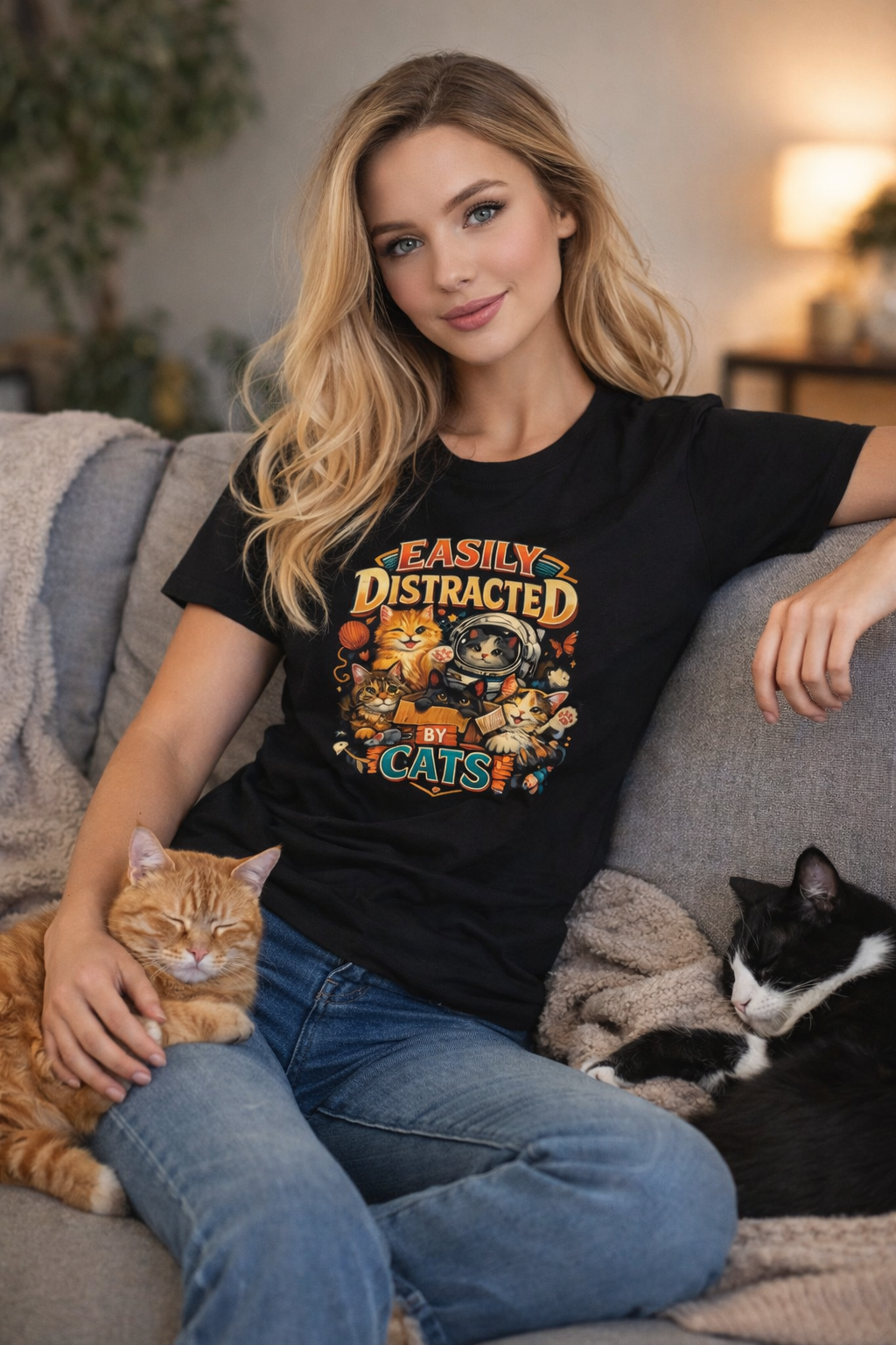 Easily Distracted by Cats TShirt | Cute Cat Lover Shirt | Funny Cat Mom Tee | Cozy Pet Lover Gift | 7 colors - 100% cotton