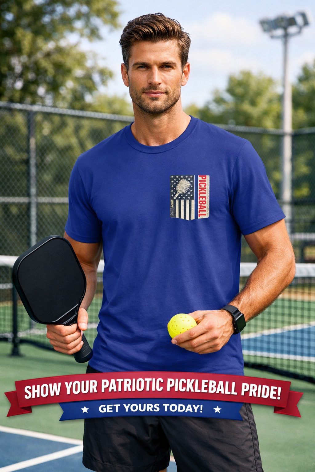 Patriotic USA Flag Pickleball Shirt | Men's Pickleball Tee | Gift for Pickleball Fanatic | 4th of July Shirt | 6 colors - 100% cotton