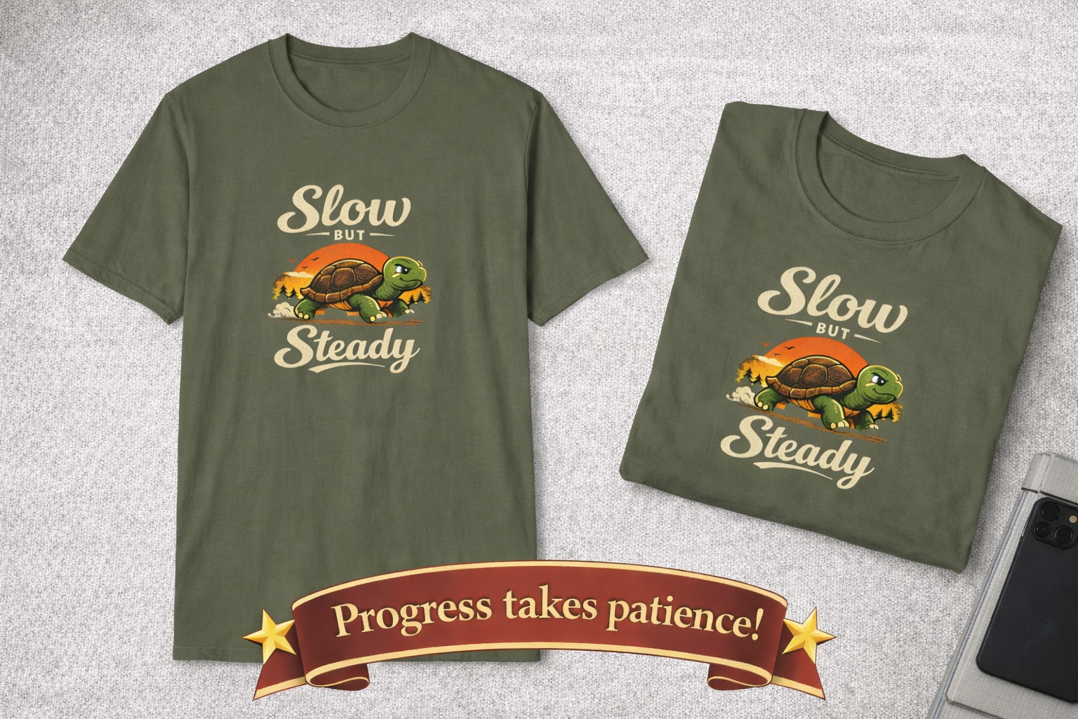 Slow But Steady Turtle T-Shirt | Motivational Vintage Animal Graphic Tee | Progress Over Speed Shirt | 8 colors - 100% cotton