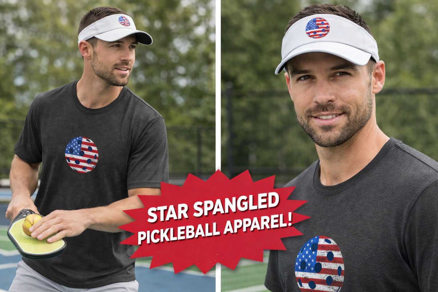 Patriotic Pickleball Shirt USA Flag Pickleball Tee Matching Visor Fourth of July Pickleball Gift for Players | 10 colors - 100% cotton