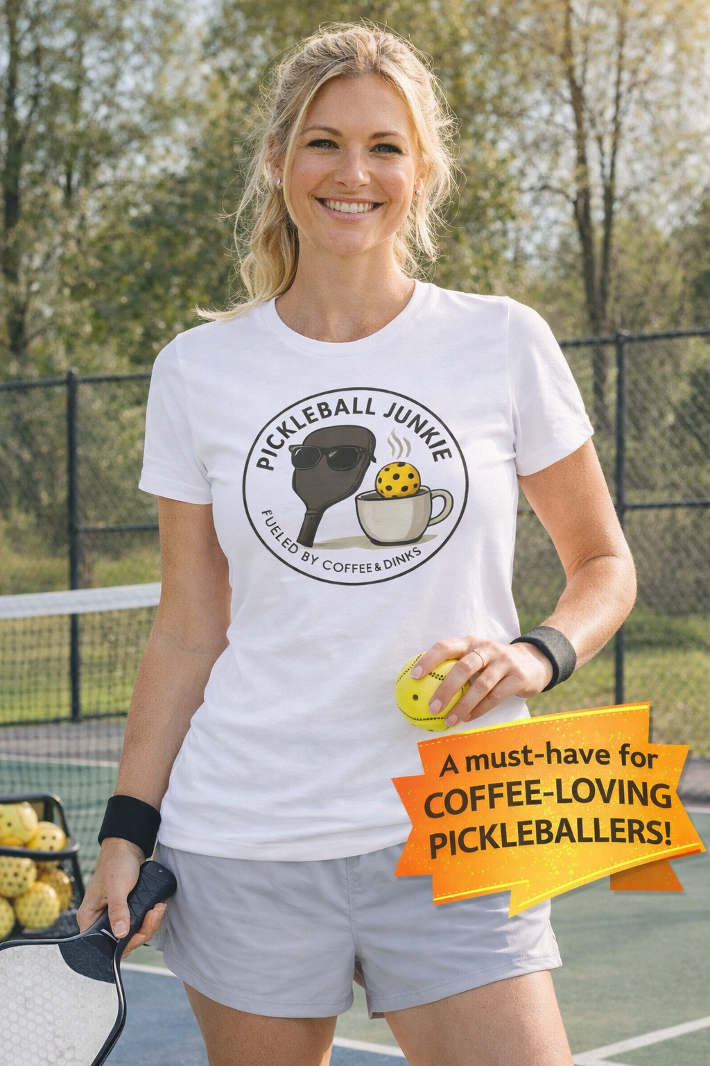 Pickleball Junkie Women's Tee | Funny Pickleball Shirt | Coffee Lover Pickleball Gift | Pickleball Player Top | 4 colors - 100% cotton