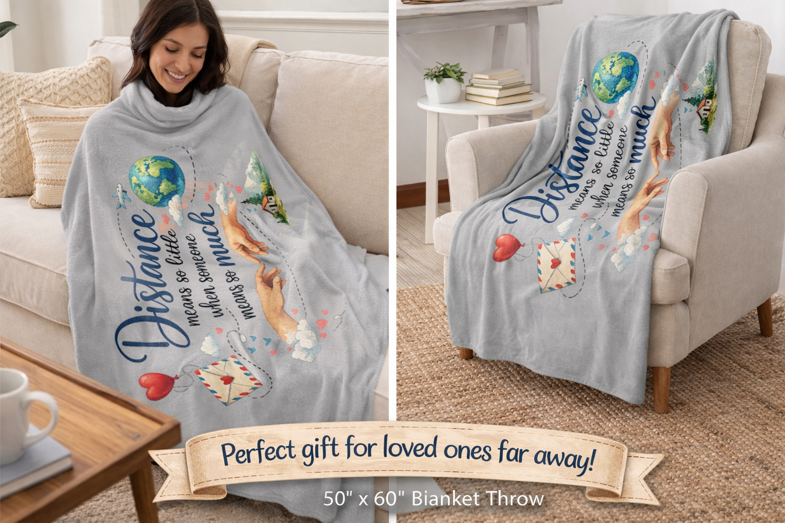 Distance Means So Little Blanket Throw | Long Distance Gift for Loved Ones | Thinking of You Gift | 50" x 60"
