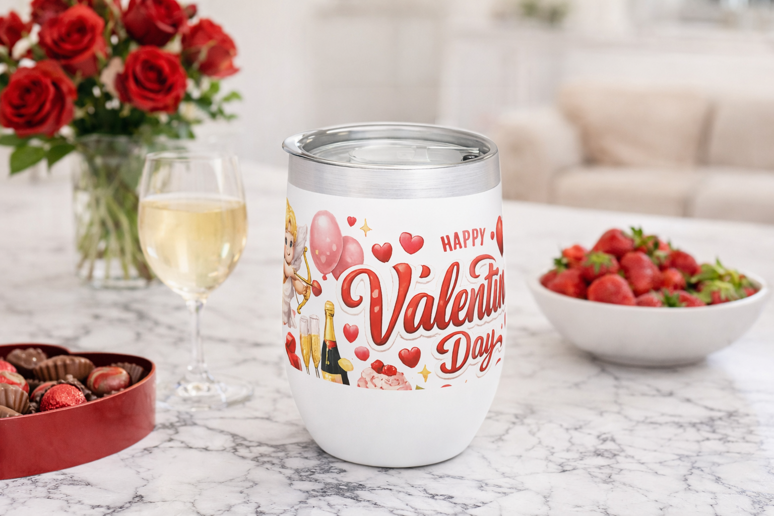 Happy Valentine's Day Wine Tumbler | Stainless Steel Insulated Wine Cooler | Cute Cupid & Hearts | Valentine Gift for Her or Him 12 oz