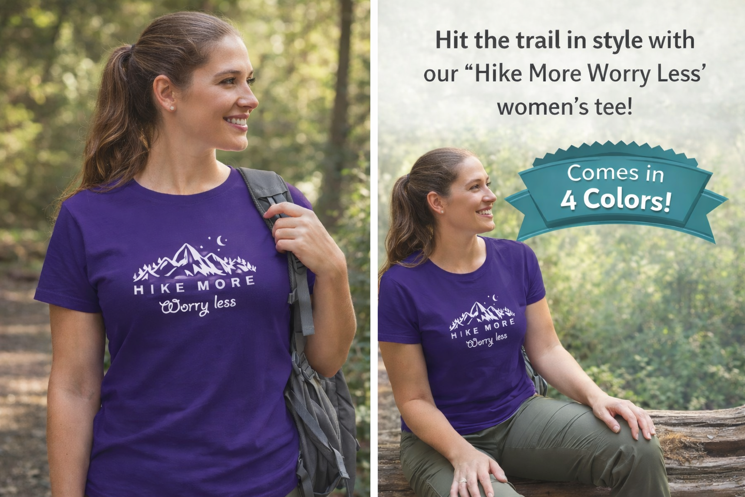 Hike More Worry Less Women's Hiking Shirt | Outdoor Adventure Tee | Mountain T-Shirt | Cute Hiking Top | 4 colors - 100% cotton