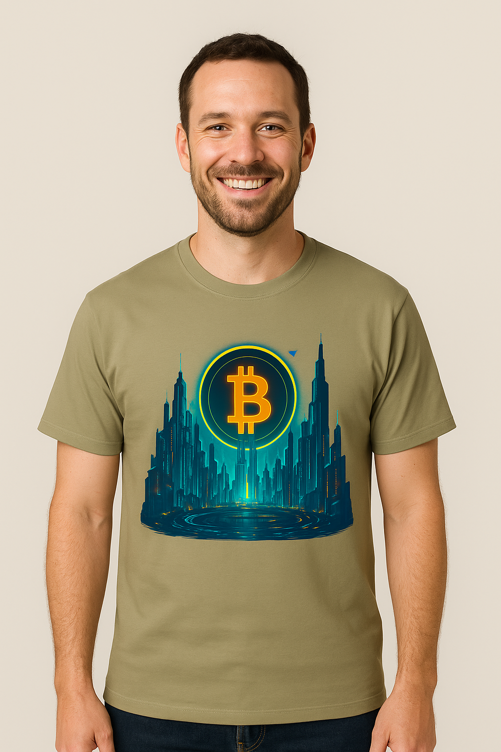 Futuristic Bitcoin City T-Shirt | Neon Crypto Skyline Tee for Bitcoin Enthusiasts | 7 Colors - 100% cotton